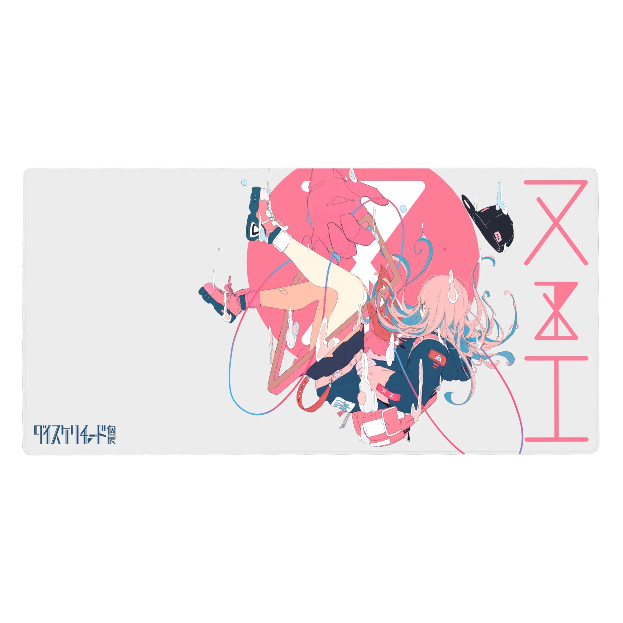 40x20 inches anime girl desk pad with Zero Two freefall art, ribbon loops, blue accents, clean background.