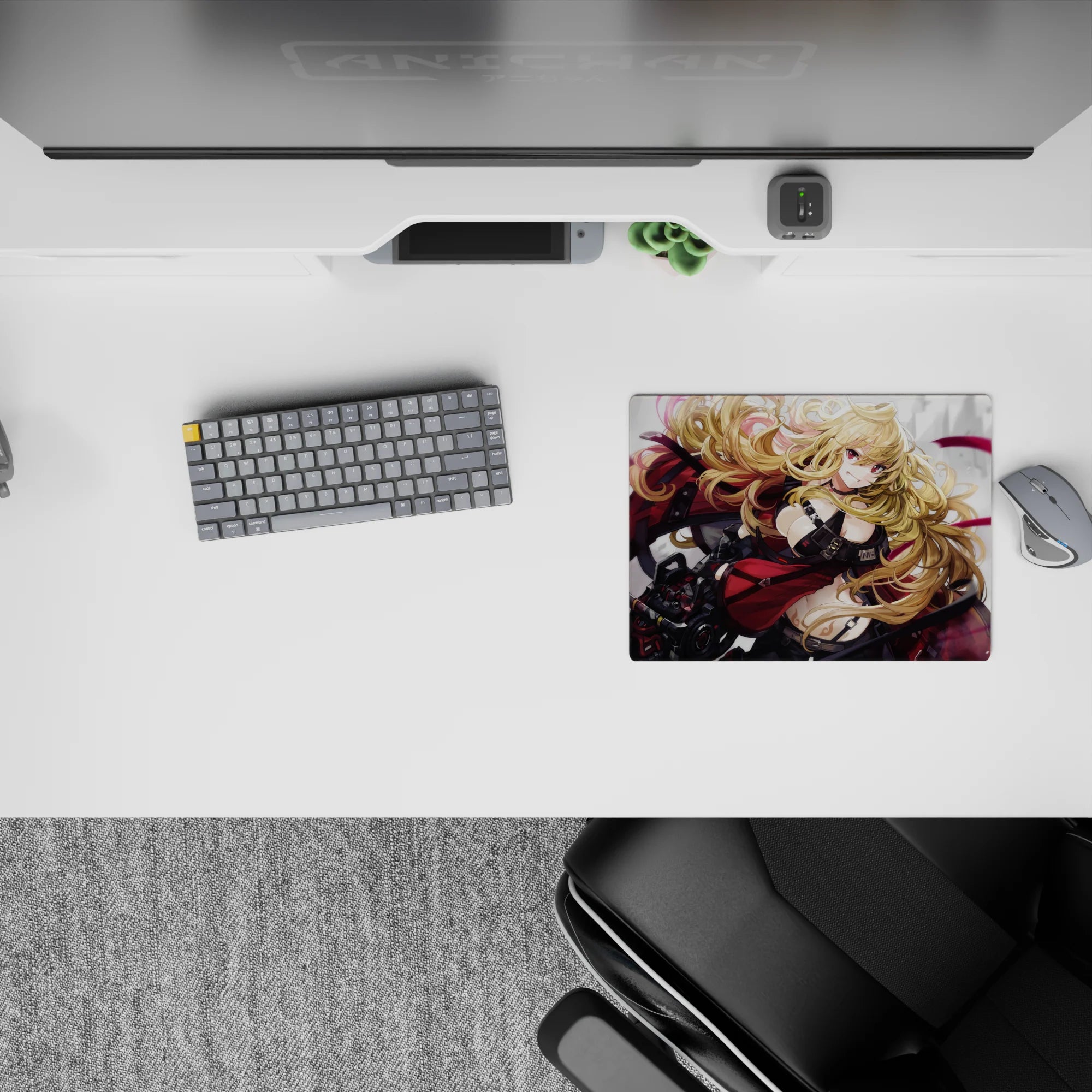 Anime girl mouse pad 14x10 inches in crimson, black, and smoky gray with magenta ribbons, badass vibe.