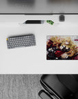 Anime girl mouse pad 14x10 inches in crimson, black, and smoky gray with magenta ribbons, badass vibe.