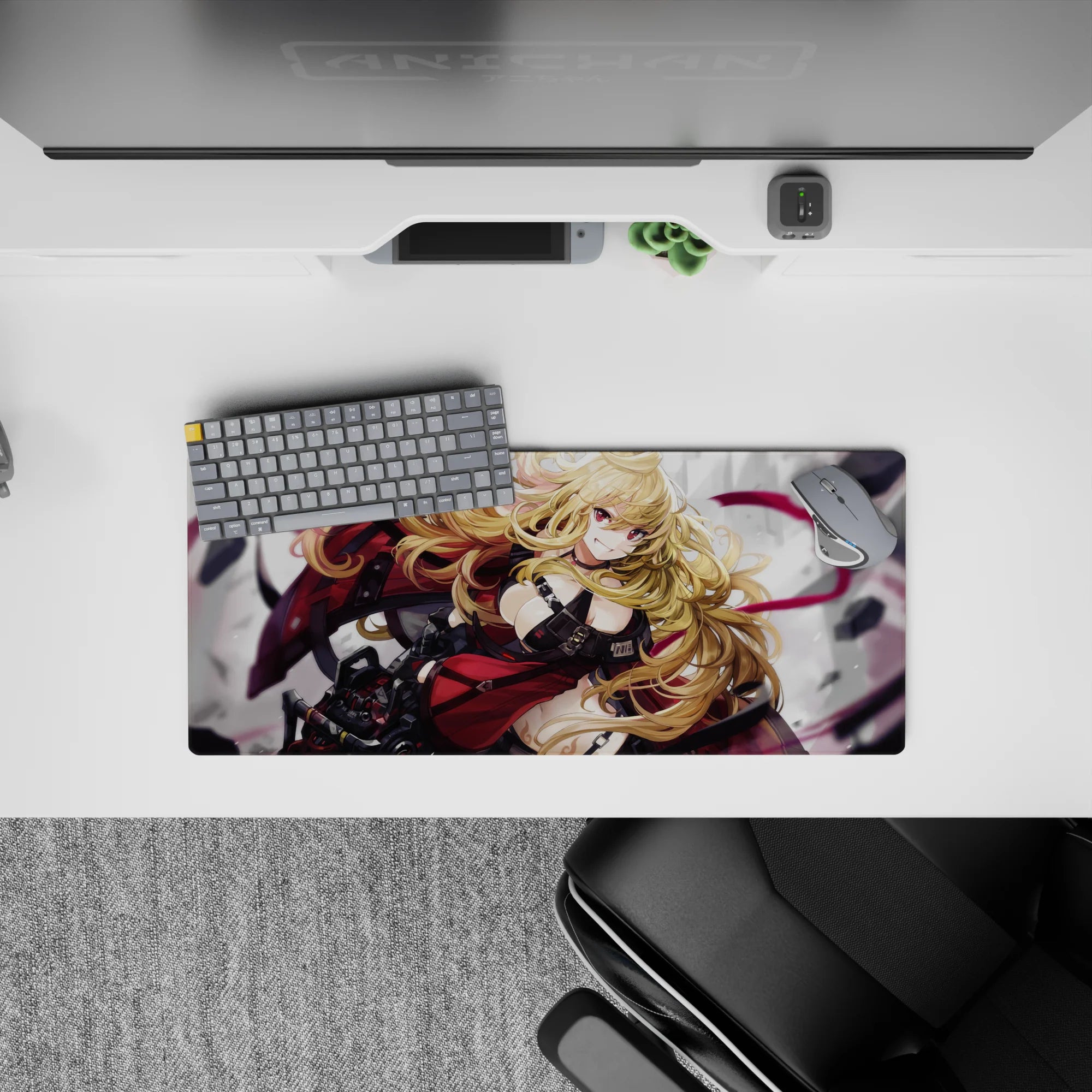 Anime girl mouse pad 28x12 inches in crimson and black with magenta ribbons on a smoky gray backdrop.