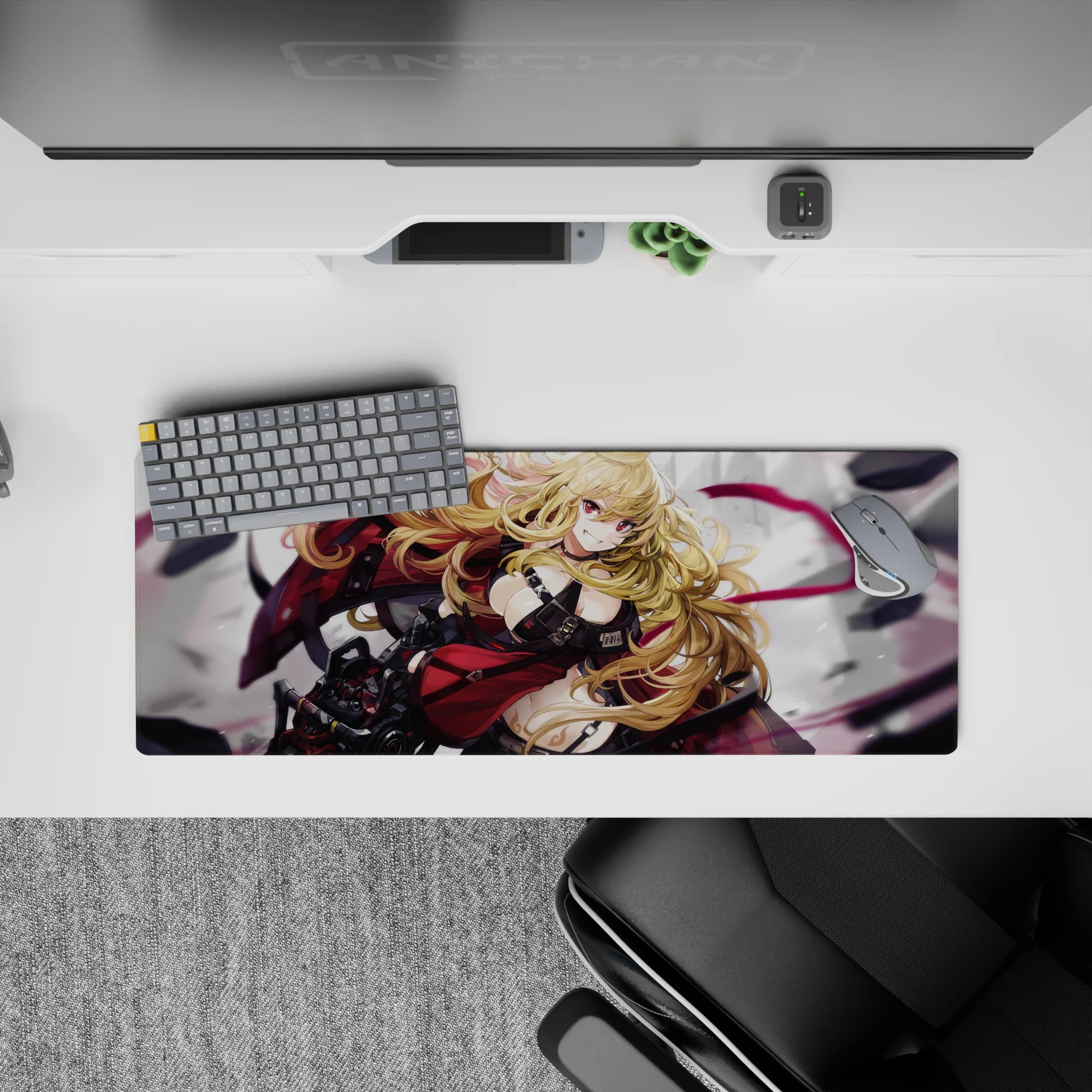 32x12 inches anime desk mouse pad in crimson, black, and smoky gray with magenta ribbons and cute menace.