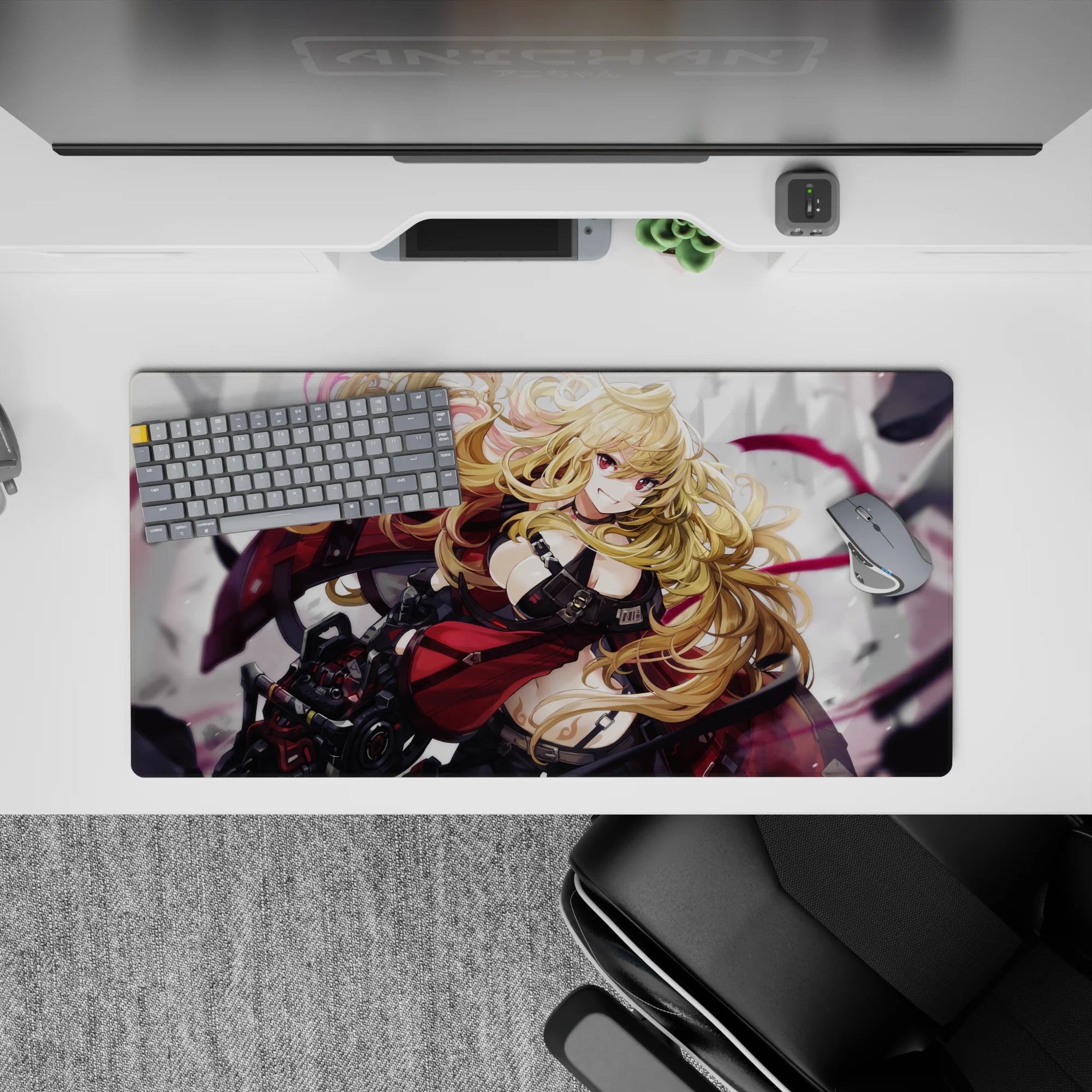 Anime girl mouse pad 32x16 inches in crimson, black, and magenta over smoky gray, bold badass mood.
