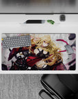 Anime girl mouse pad 32x16 inches in crimson, black, and magenta over smoky gray, bold badass mood.
