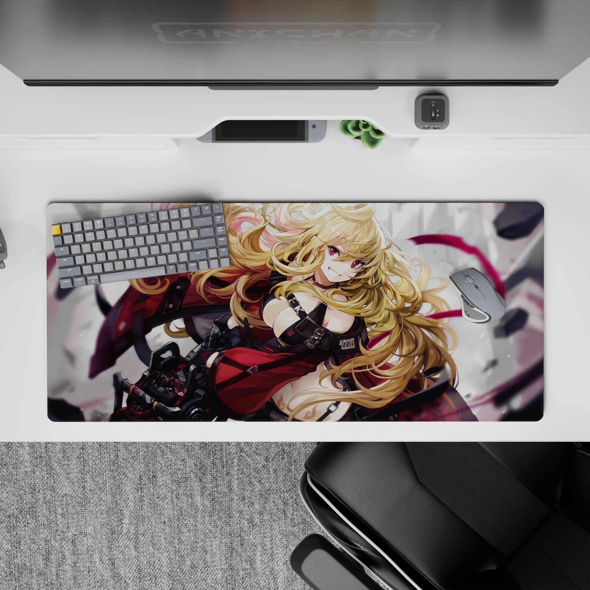 36x16 inches anime desk pad in crimson, black, smoky gray with magenta ribbons and edgy badass vibe.