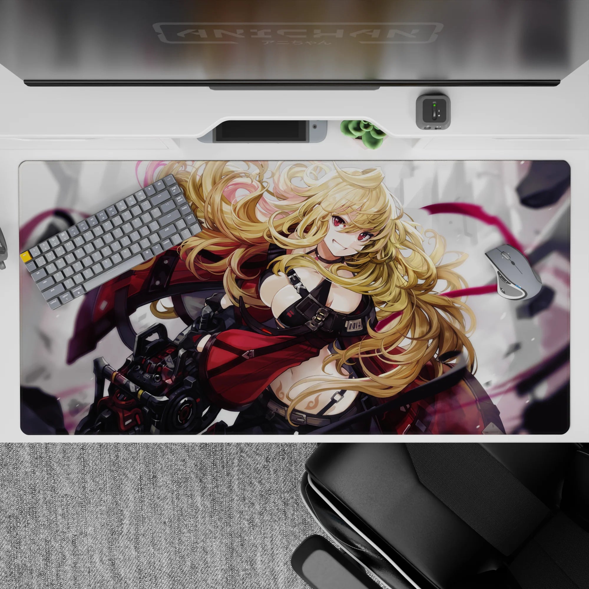 Crimson, black, and magenta anime girl desk pad 40x20 inches with smoky gray backdrop and edgy vibe.