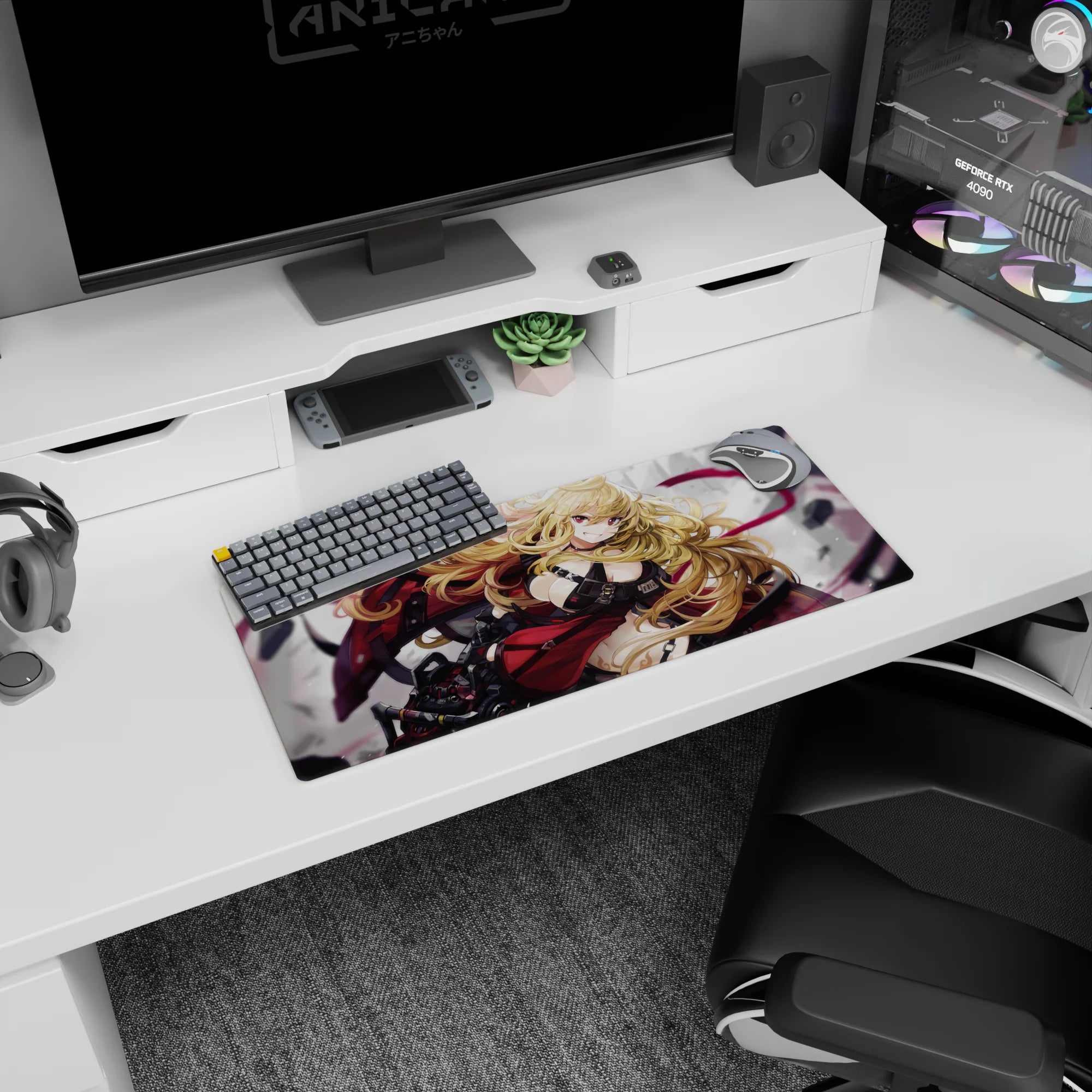 Anime girl mouse pad 28x12 inches featuring a fierce blonde warrior in straps and armor, hair flying.