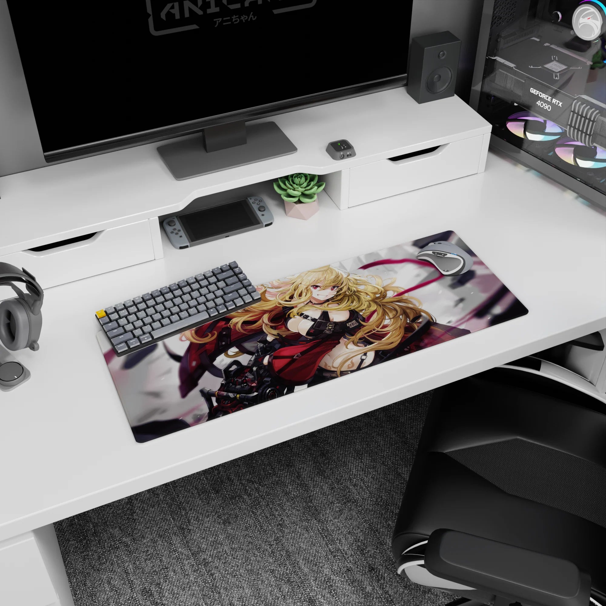 32x12 inches extended mouse pad featuring a fierce blonde anime girl in strappy armor on a smoky backdrop.