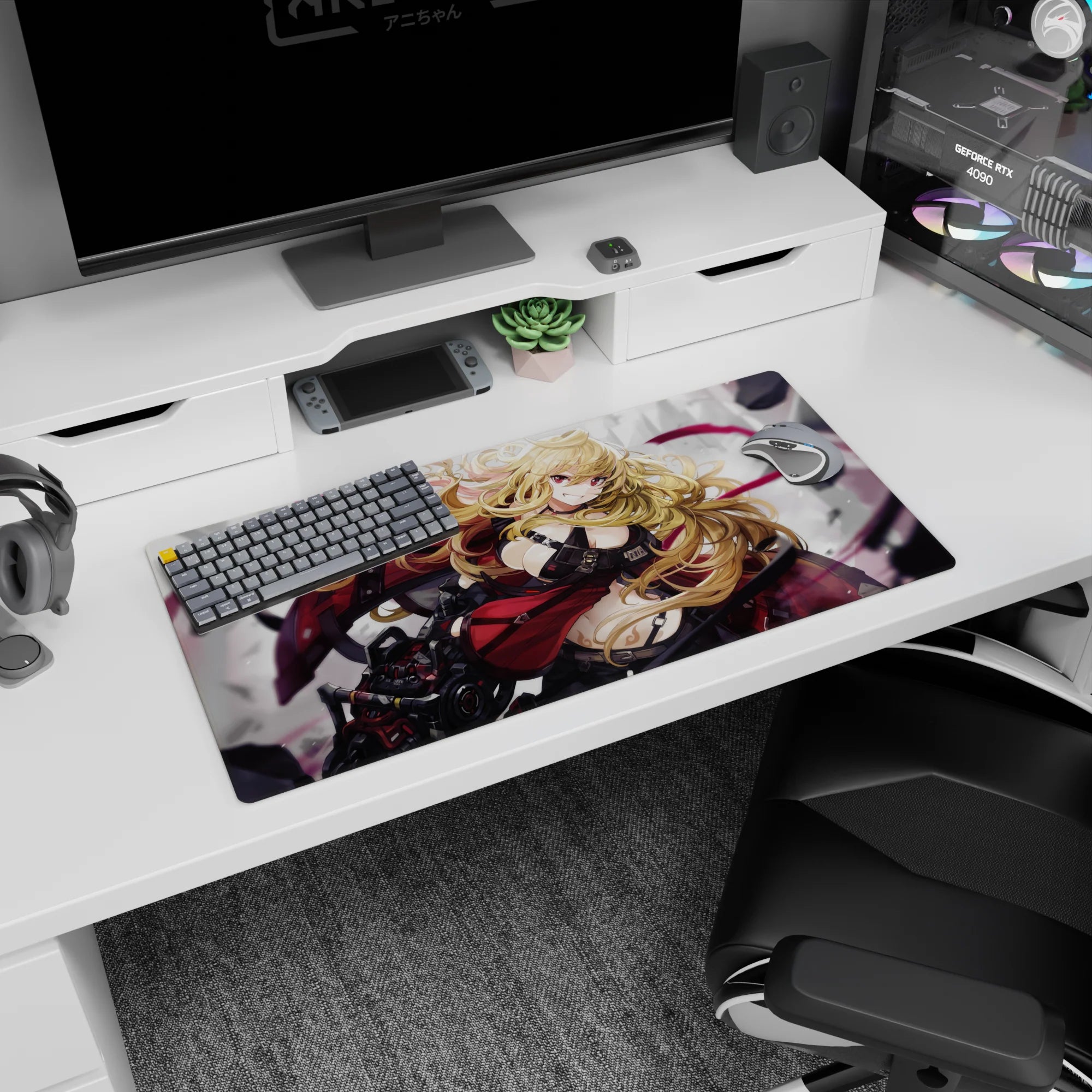 Anime girl mouse pad 32x16 inches showing a fierce pinup warrior with wild golden hair and armor straps.