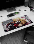 Anime girl mouse pad 32x16 inches showing a fierce pinup warrior with wild golden hair and armor straps.