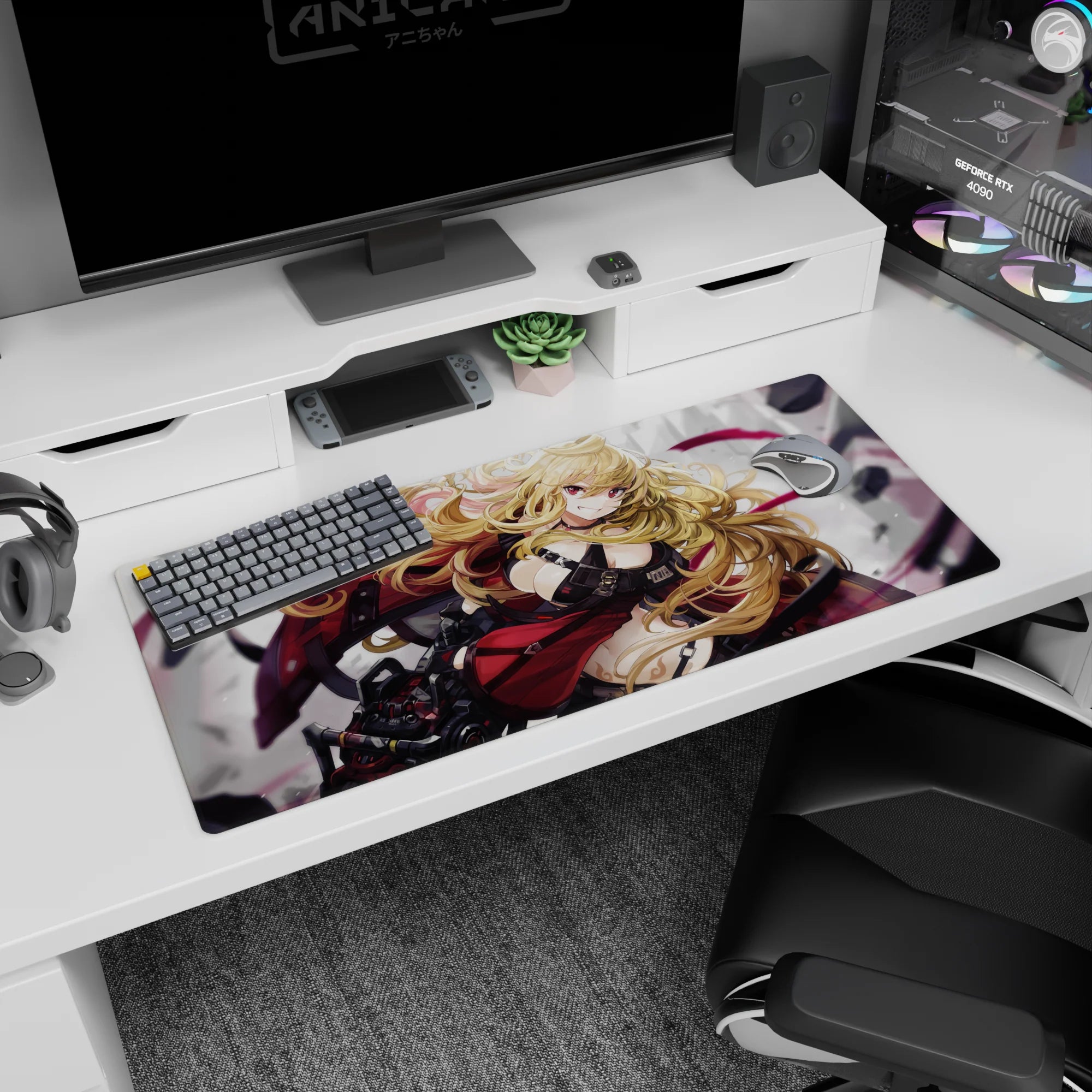 36x16 inches desk pad showing a fierce anime pinup warrior girl, wild blonde hair and sharp metal gear details.