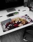 36x16 inches desk pad showing a fierce anime pinup warrior girl, wild blonde hair and sharp metal gear details.