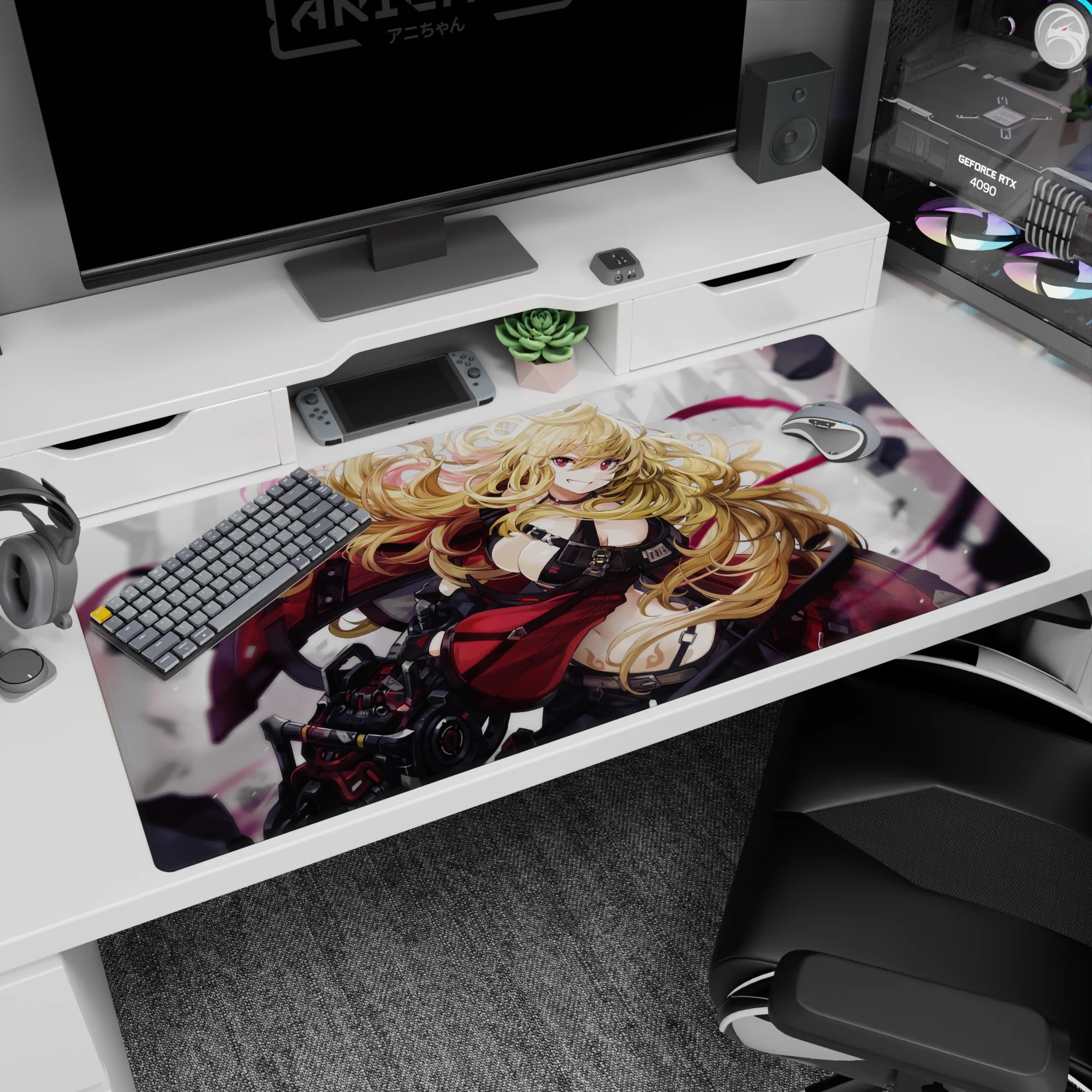 Golden-haired anime girl in red-black armor straps on desk pad 40x20 inches, magenta ribbons swirling.