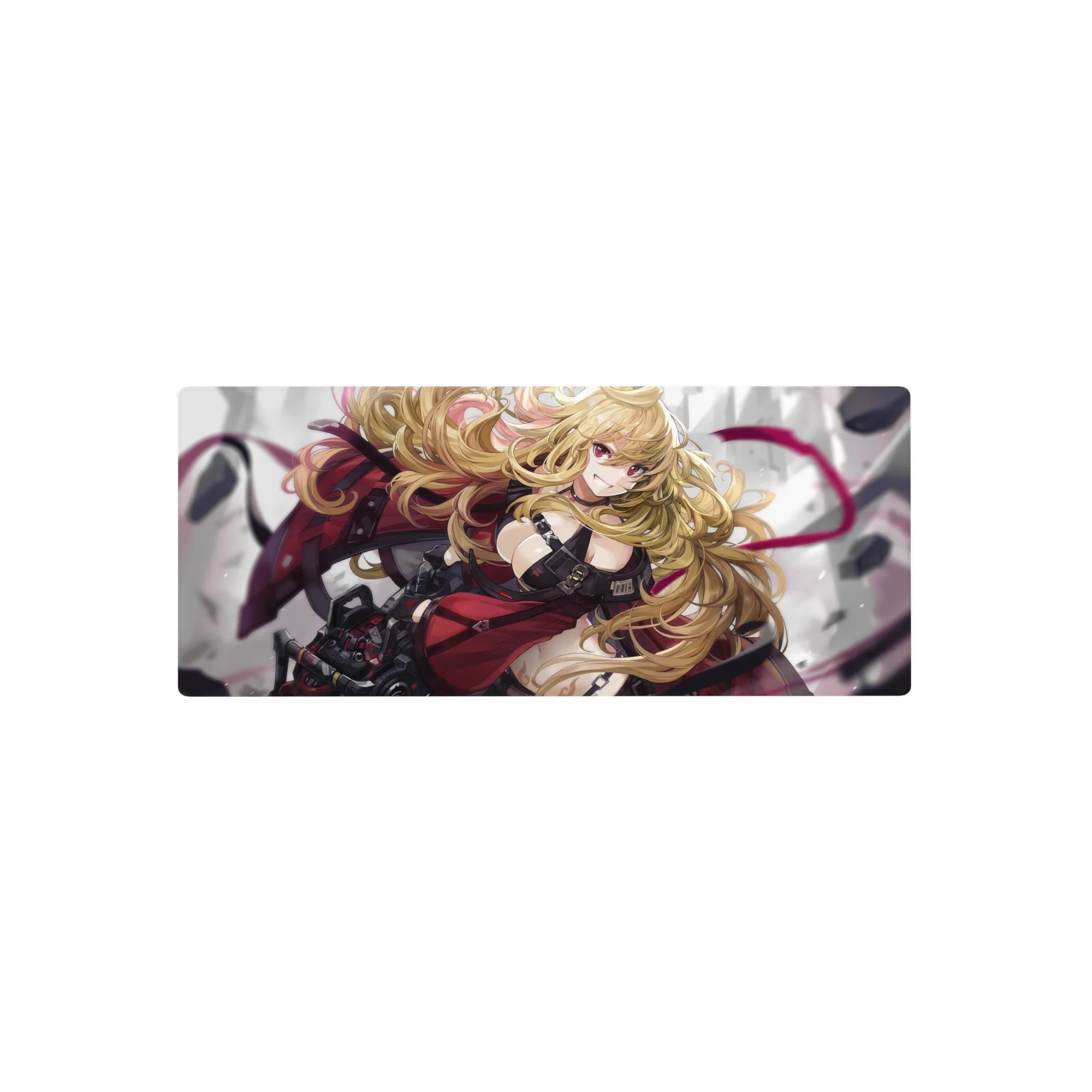 Anime girl mouse pad 28x12 inches with armored pinup pose, golden curls, and metallic gear details.