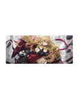 Anime girl mouse pad 28x12 inches with armored pinup pose, golden curls, and metallic gear details.