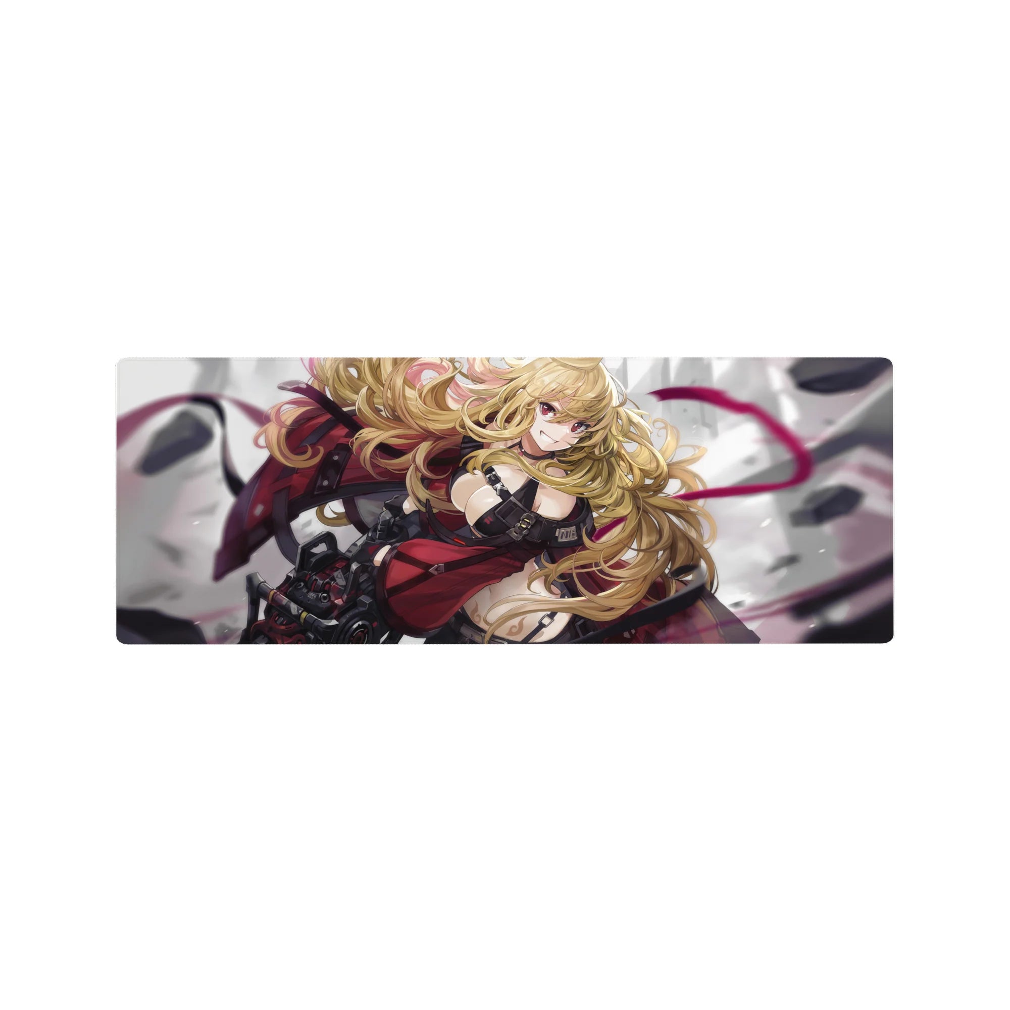 32x12 inches anime girl mouse pad with badass pinup armor straps, golden curls, and metallic gear details.