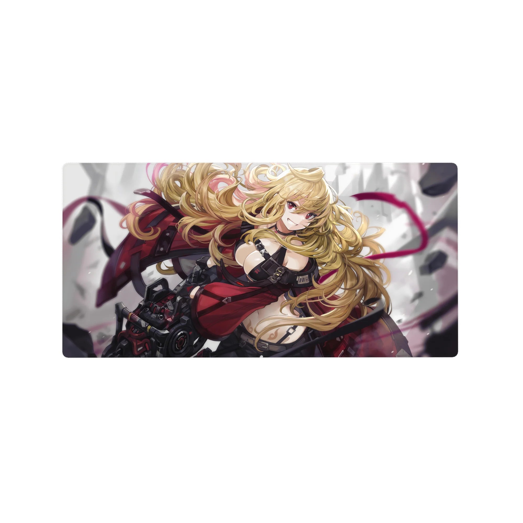 Anime girl mouse pad 32x16 inches with armored pinup art, golden curls, and metallic strap details.