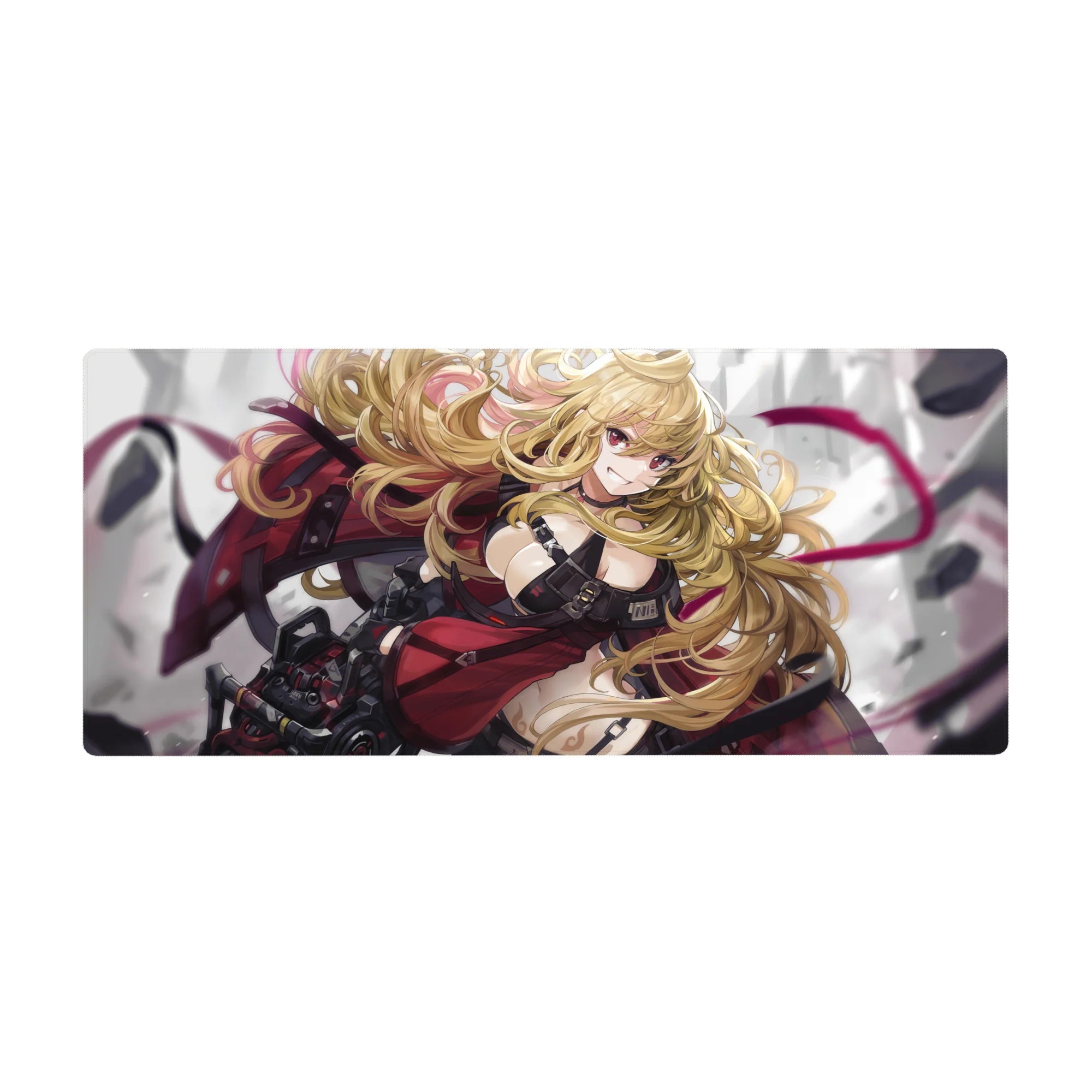 36x16 inches anime girl desk pad with golden curls, black armor straps, and metallic pinup action art.
