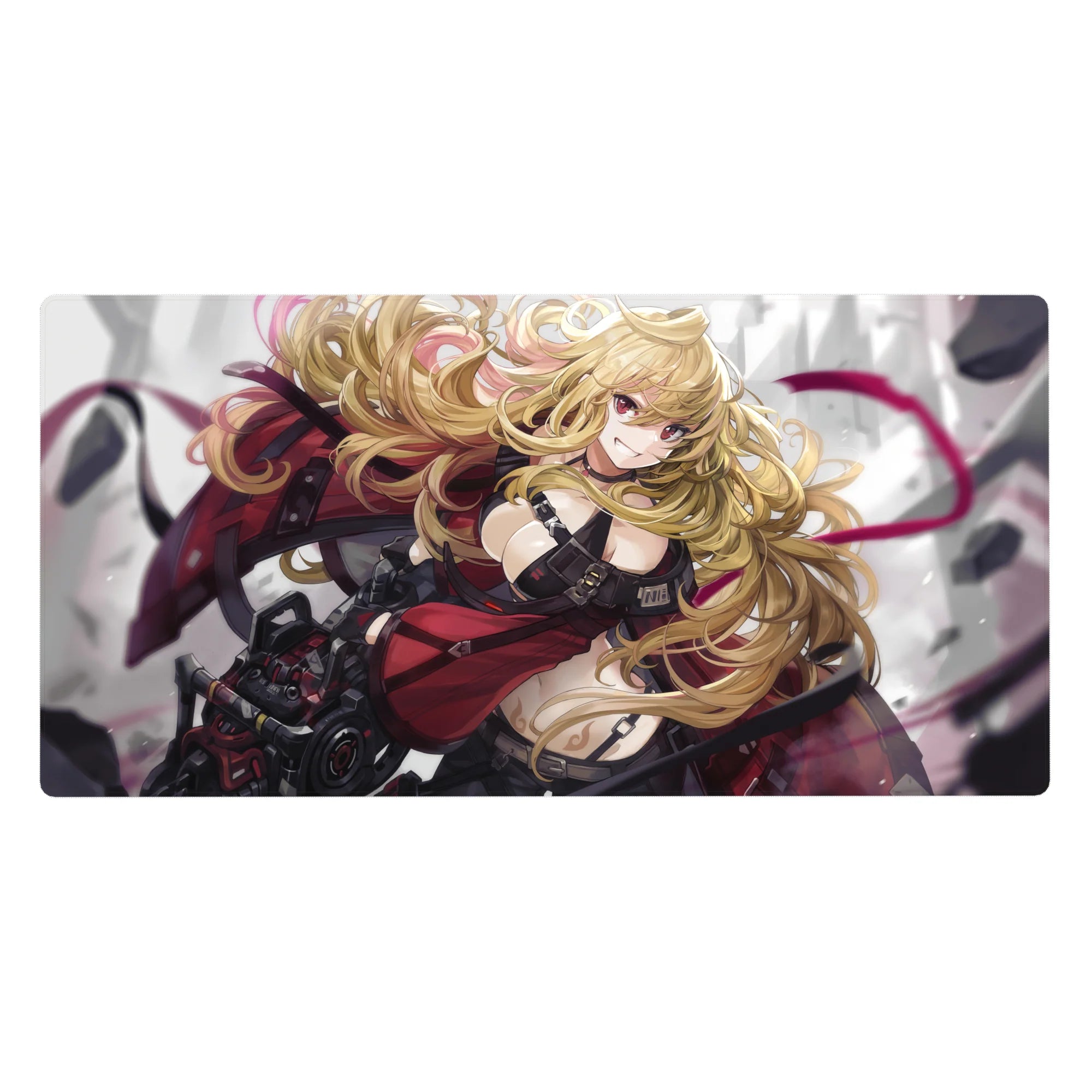 Anime girl desk pad 40x20 inches with badass pinup armor straps, metallic details, and flowing golden hair.