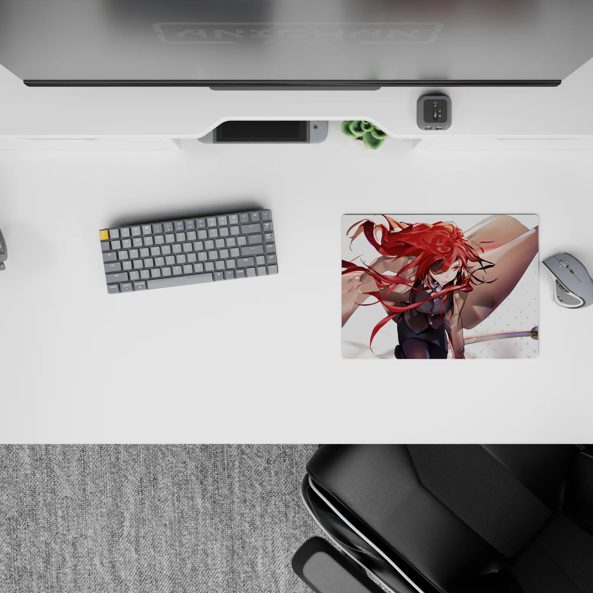 Red-ribbon anime girl mouse pad 14x10 inches in tan and white tones, dramatic action vibe for gaming desks.