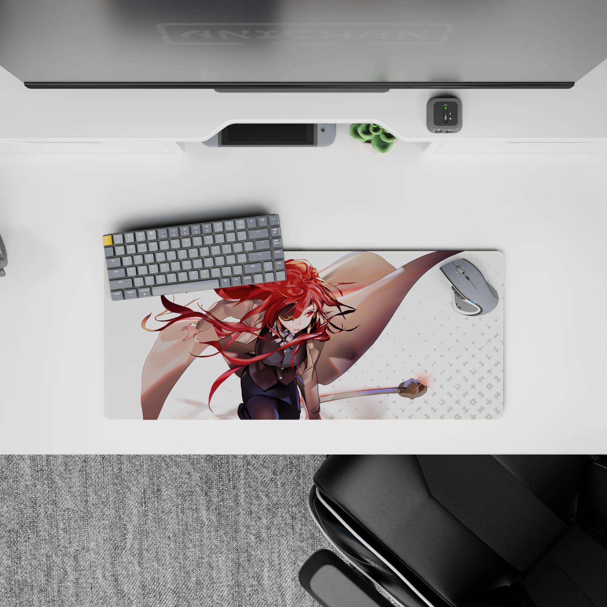 28x12 inches anime mouse pad in fiery red ribbon accents, warm tan tones, and a focused, dramatic vibe.