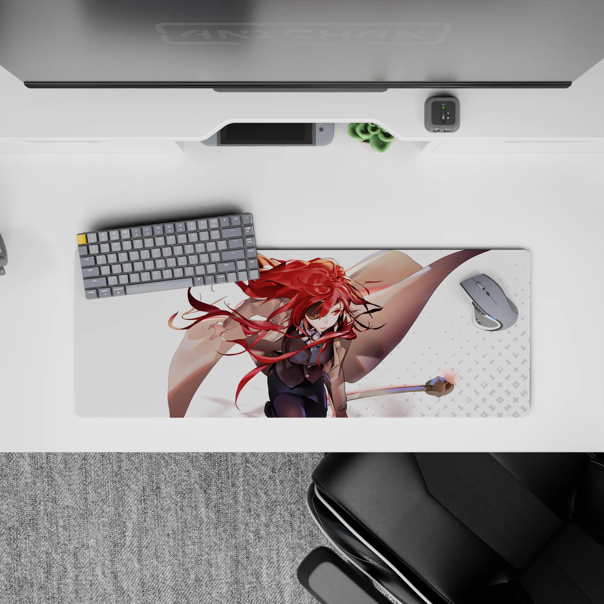 32x12 inches anime mouse pad in fiery red ribbons, tan coat tones, clean white dots, dramatic vibe.