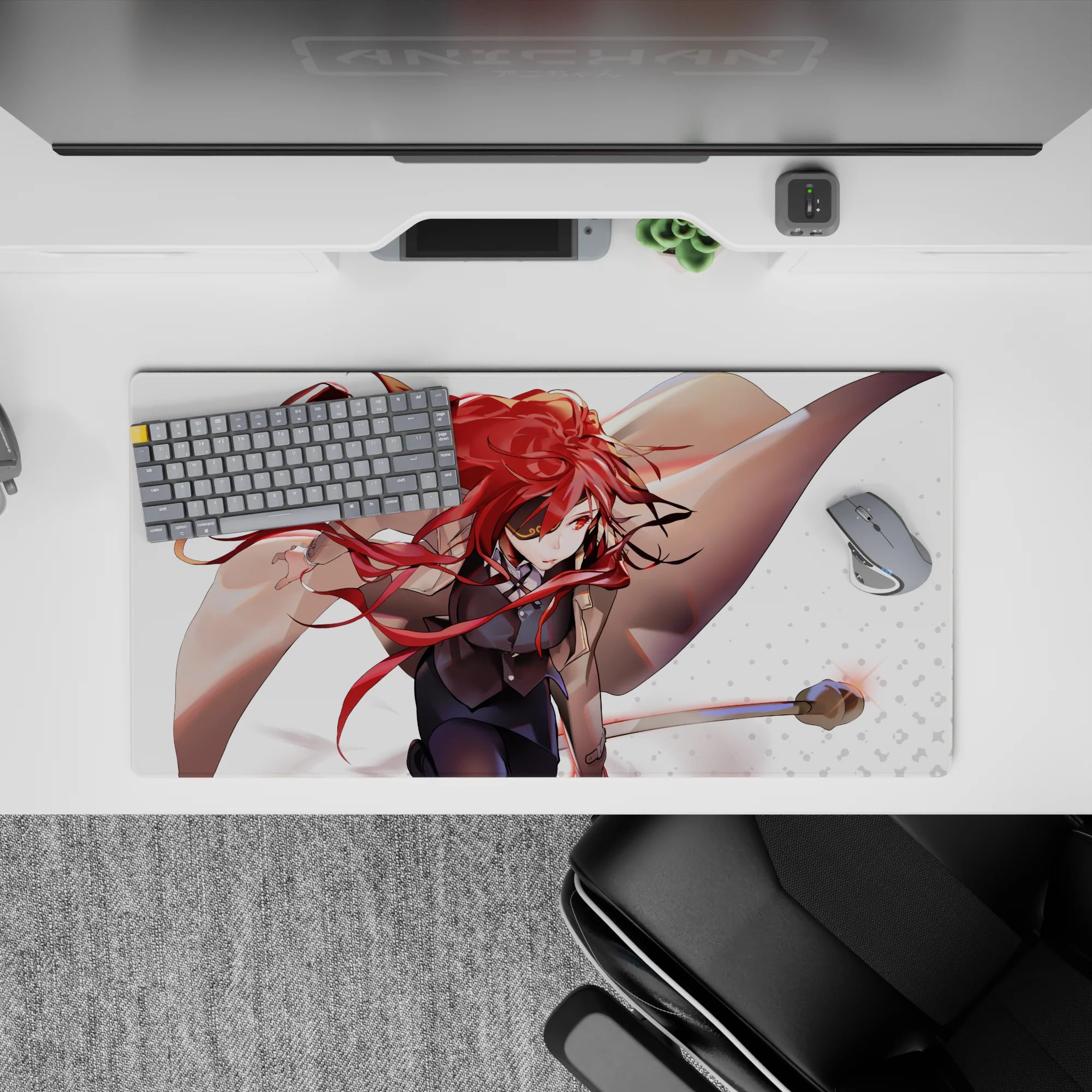 Anime girl mouse pad 32x16 inches in fiery red, warm tan, and clean white for an intense late-night vibe.