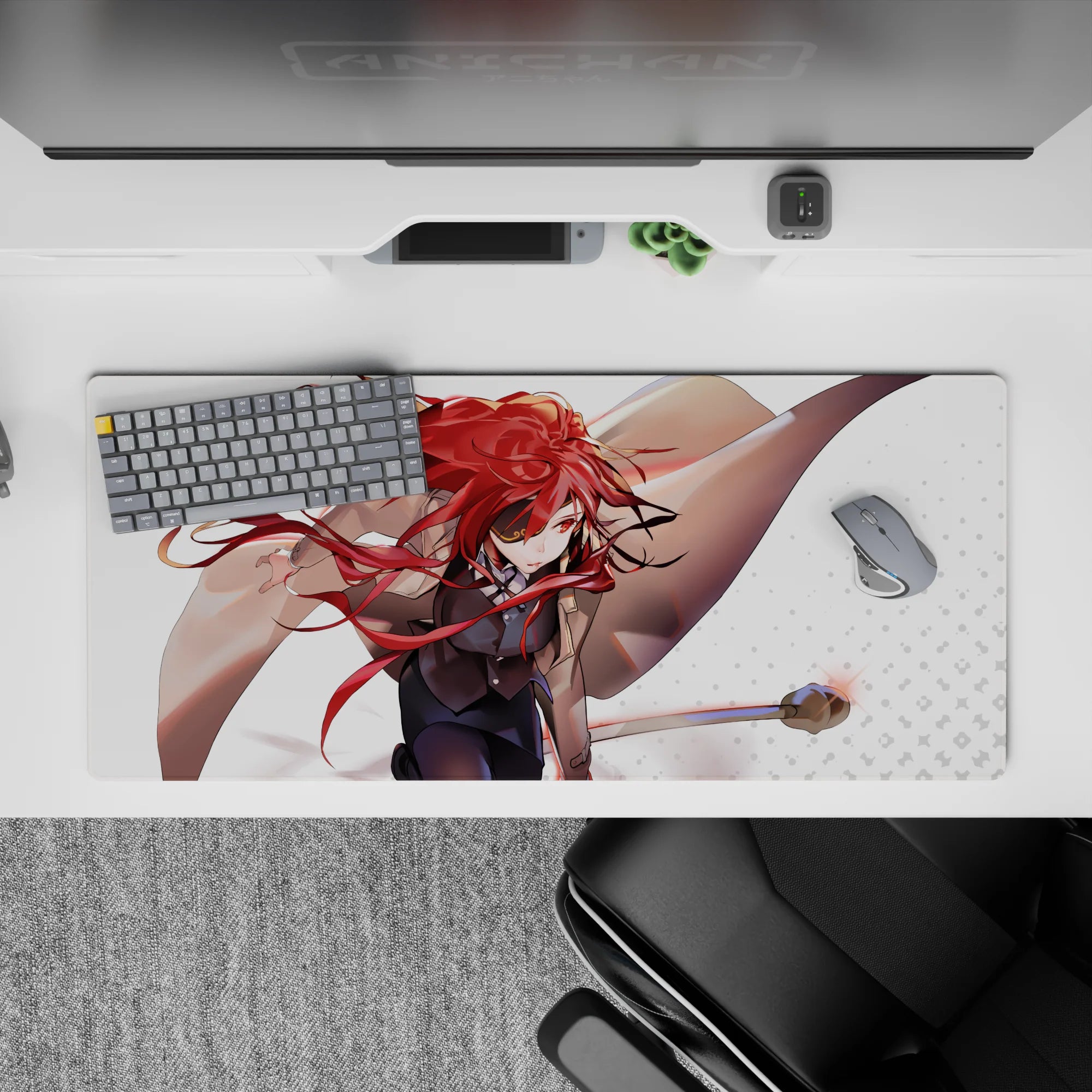 Action heroine anime desk pad 36x16 inches in fiery reds and warm tans on clean white, dramatic vibe.