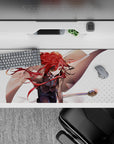 Action heroine anime desk pad 36x16 inches in fiery reds and warm tans on clean white, dramatic vibe.