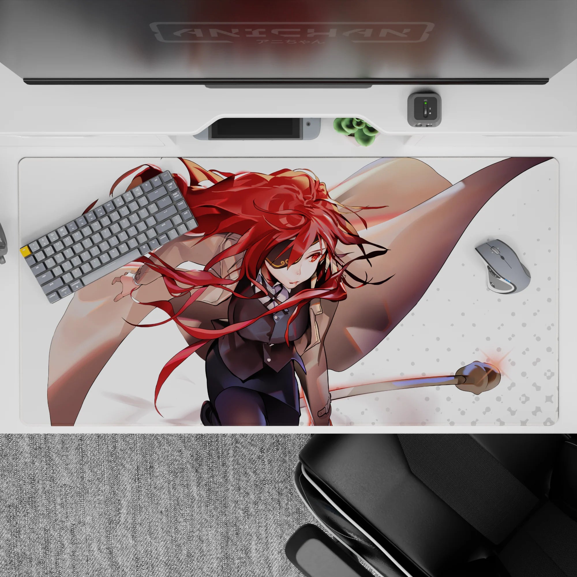 40x20 inches anime desk pad in fiery red, soft tan, and clean white; action heroine vibe for gaming.