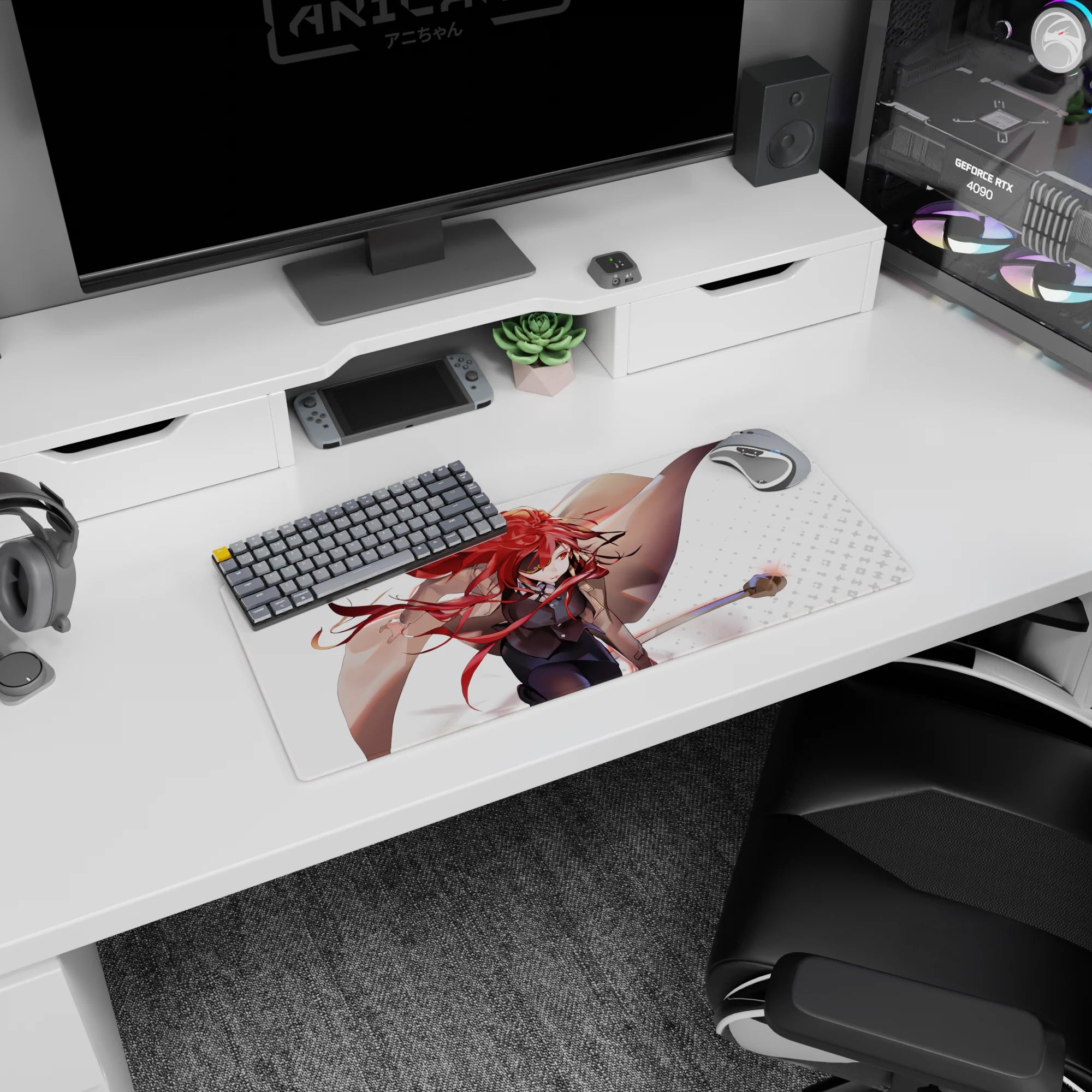 28x12 inches anime girl desk mat showing a red-haired heroine sweeping a staff with an intense stare.