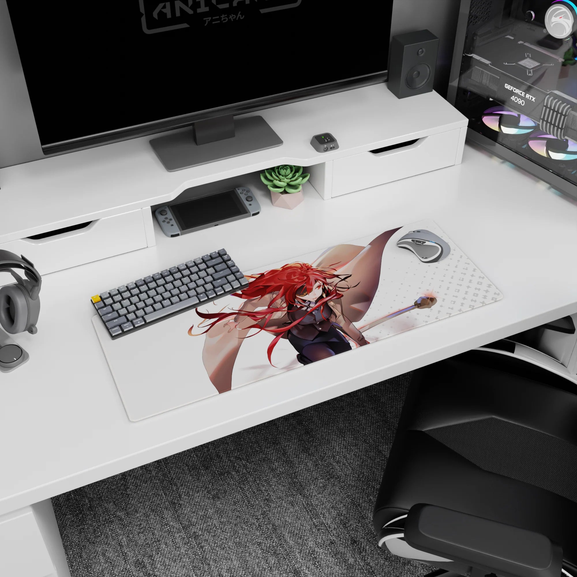 32x12 inches anime girl desk pad featuring focused heroine swinging a staff, poster-style art for gaming.