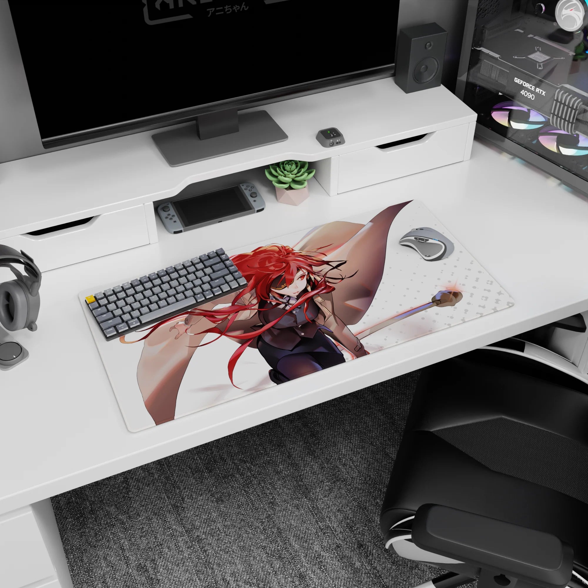Anime girl mouse pad 32x16 inches showing a focused heroine swinging a staff, red hair ribbons flying.