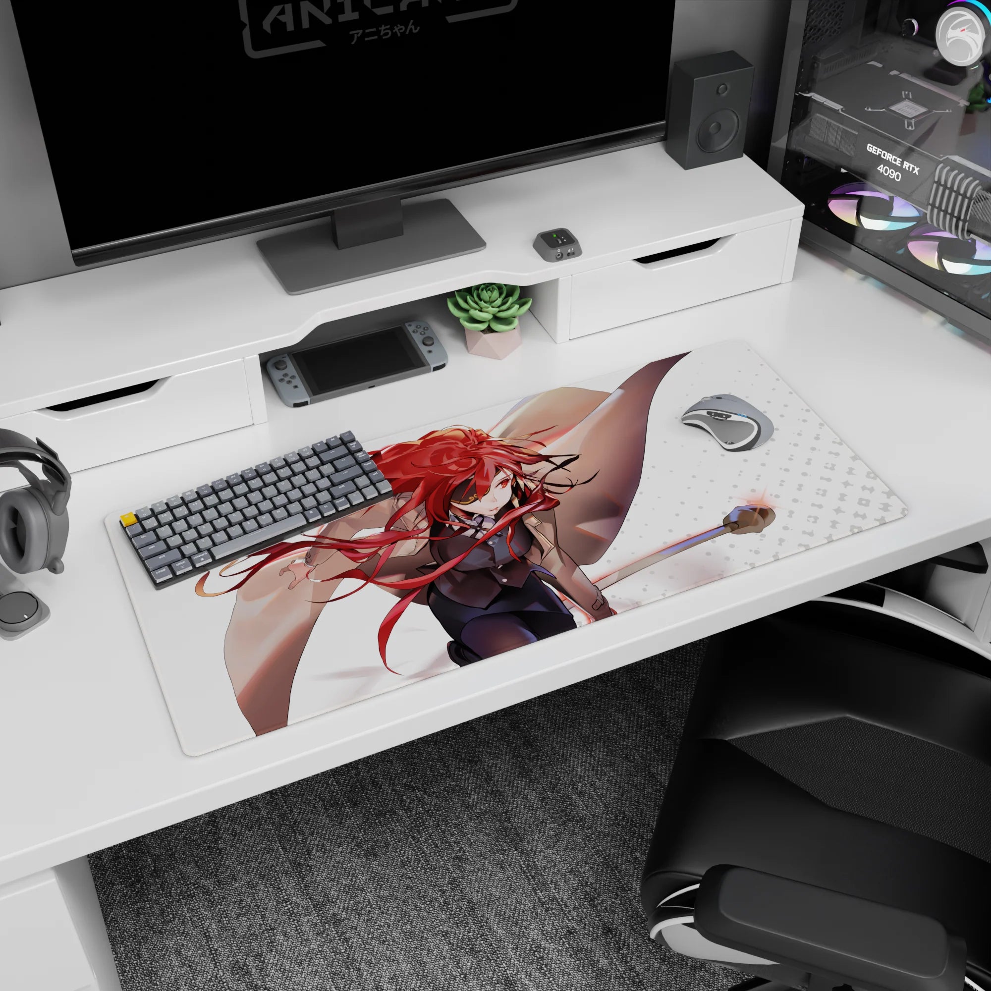 Focused anime girl sweeping a staff on a desk pad 36x16 inches, intense stare and ribboned red hair.