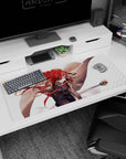 Focused anime girl sweeping a staff on a desk pad 36x16 inches, intense stare and ribboned red hair.