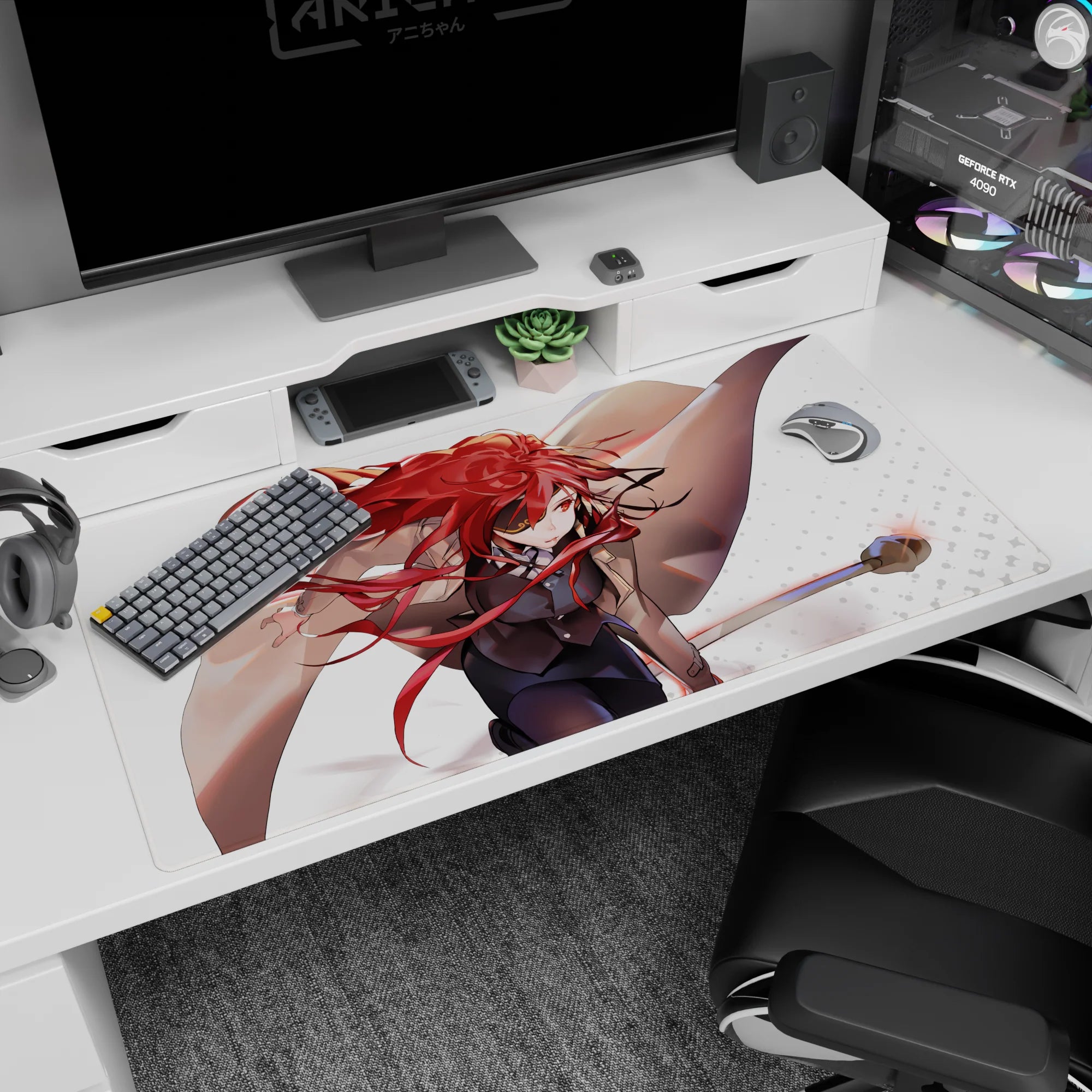 40x20 inches anime girl mouse pad showing a focused heroine swinging a staff, poster-style desk mat.