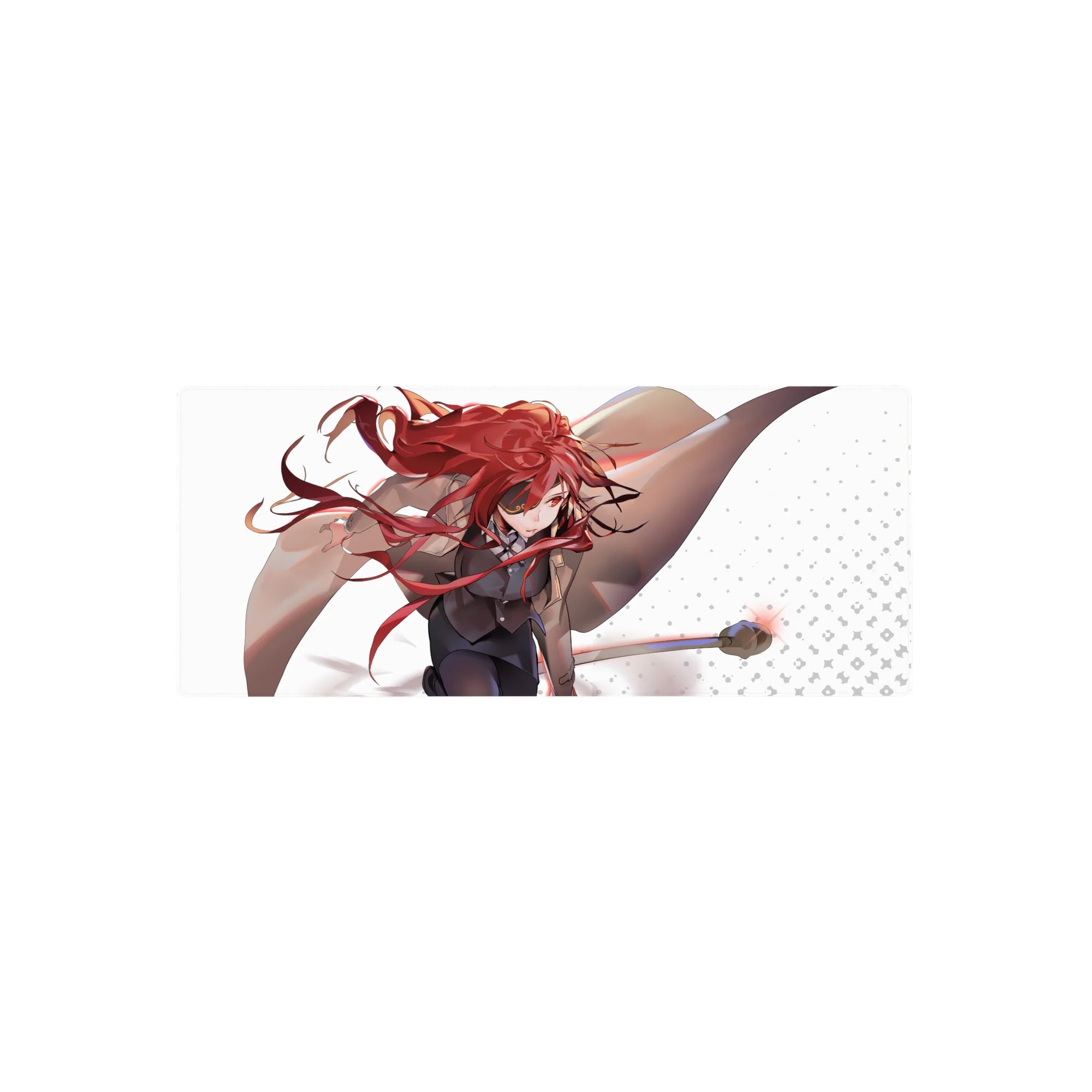 28x12 inches anime girl mouse pad with action heroine art, staff pose, tan coat, clean white dotted backdrop.