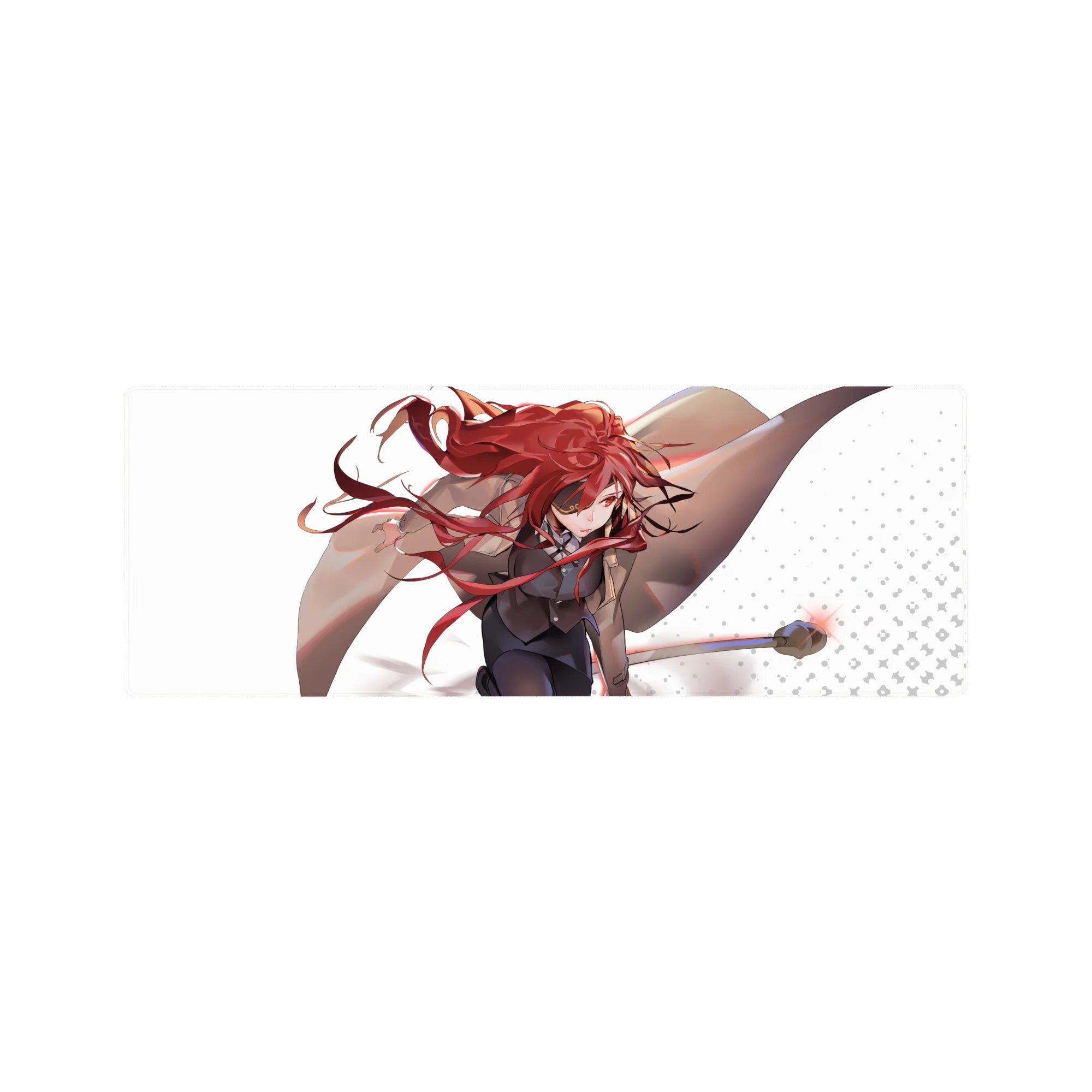 32x12 inches anime girl mouse pad desk mat with action heroine, staff pose, dotted white background.