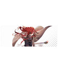 32x12 inches anime girl mouse pad desk mat with action heroine, staff pose, dotted white background.