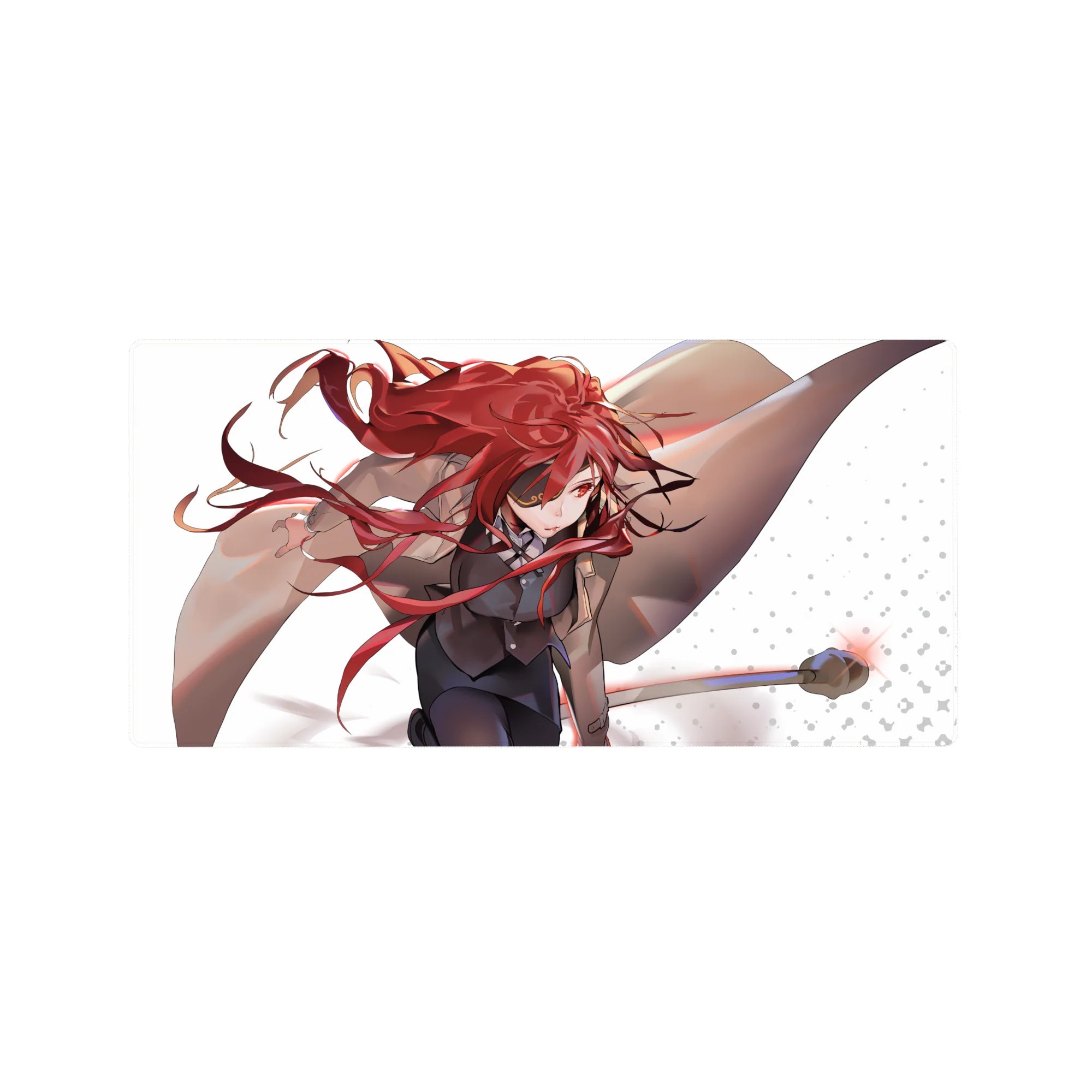 Anime girl mouse pad 32x16 inches with action heroine art, red ribbons, tan coat, white dotted background.