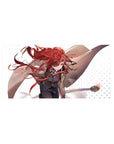 Anime girl mouse pad 32x16 inches with action heroine art, red ribbons, tan coat, white dotted background.