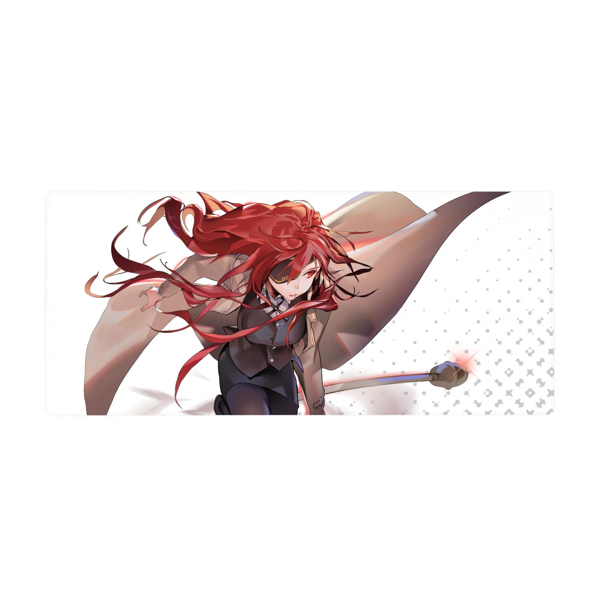 Anime girl desk pad 36x16 inches with red hair ribbons, staff pose, tan coat, white dotted background.