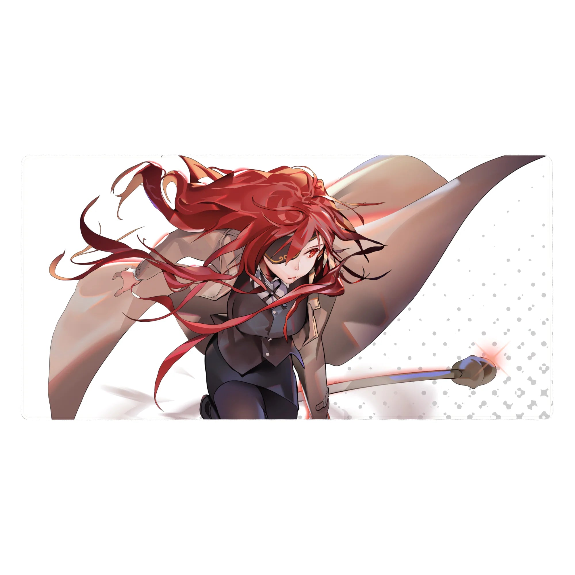 40x20 inches anime girl desk pad with red hair ribbons, tan coat, staff pose on dotted white background.