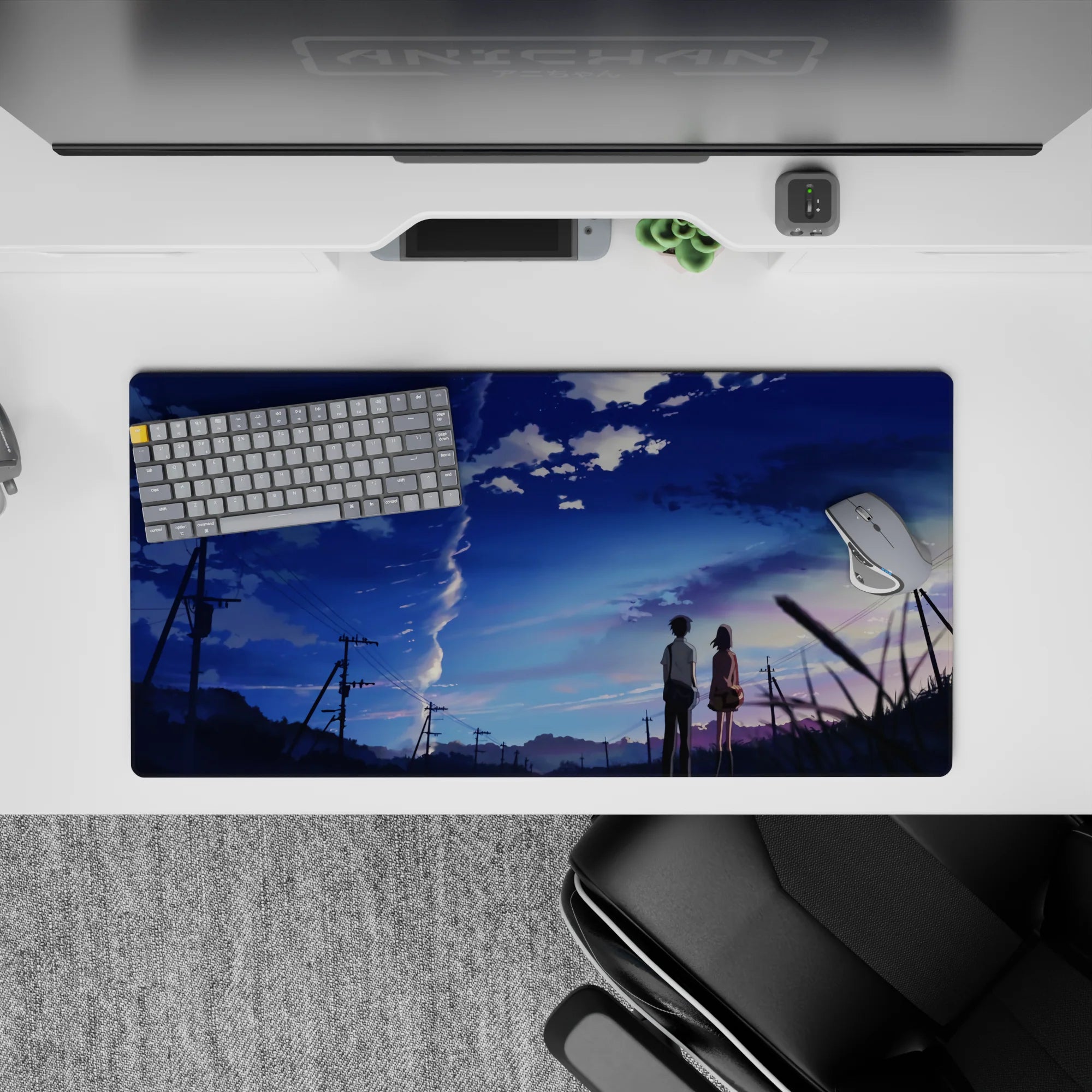 32x16 inches anime mouse pad in deep cobalt blue and lavender sky tones, calm dreamy vibe, crisp print.