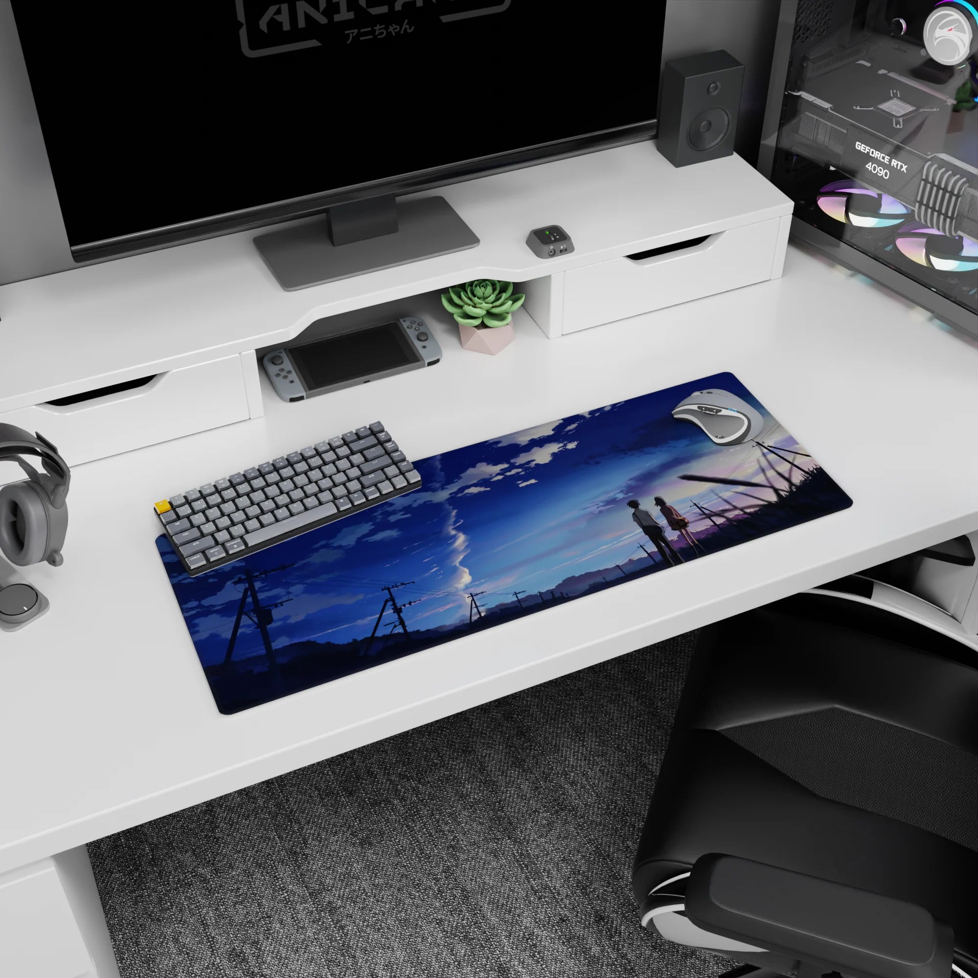 32x12 inches anime mouse pad showing boy in uniform and girl with shoulder bag beneath towering cloud.