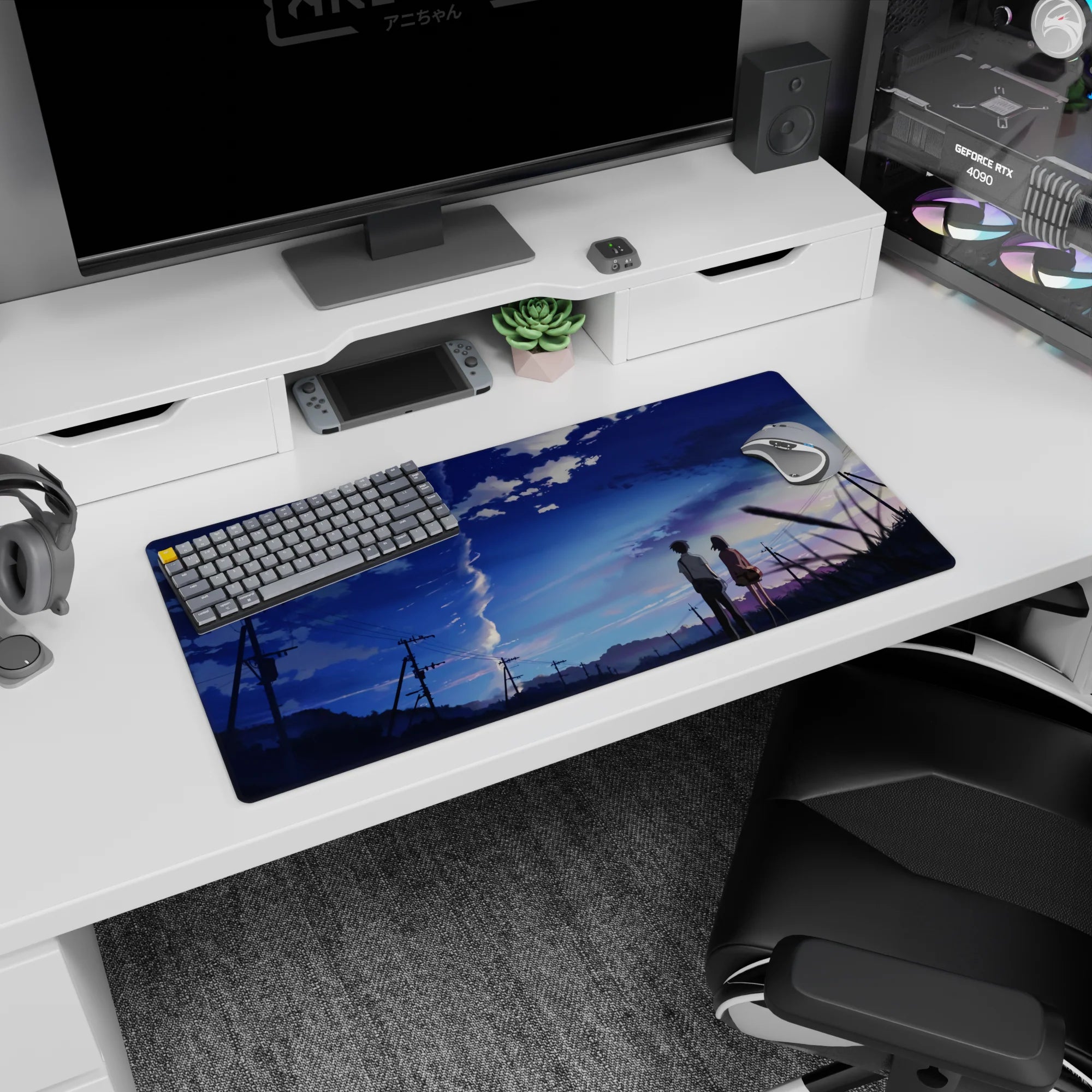 32x16 inches anime mouse pad featuring a schoolboy and schoolgirl by power lines, staring at a spiral cloud.