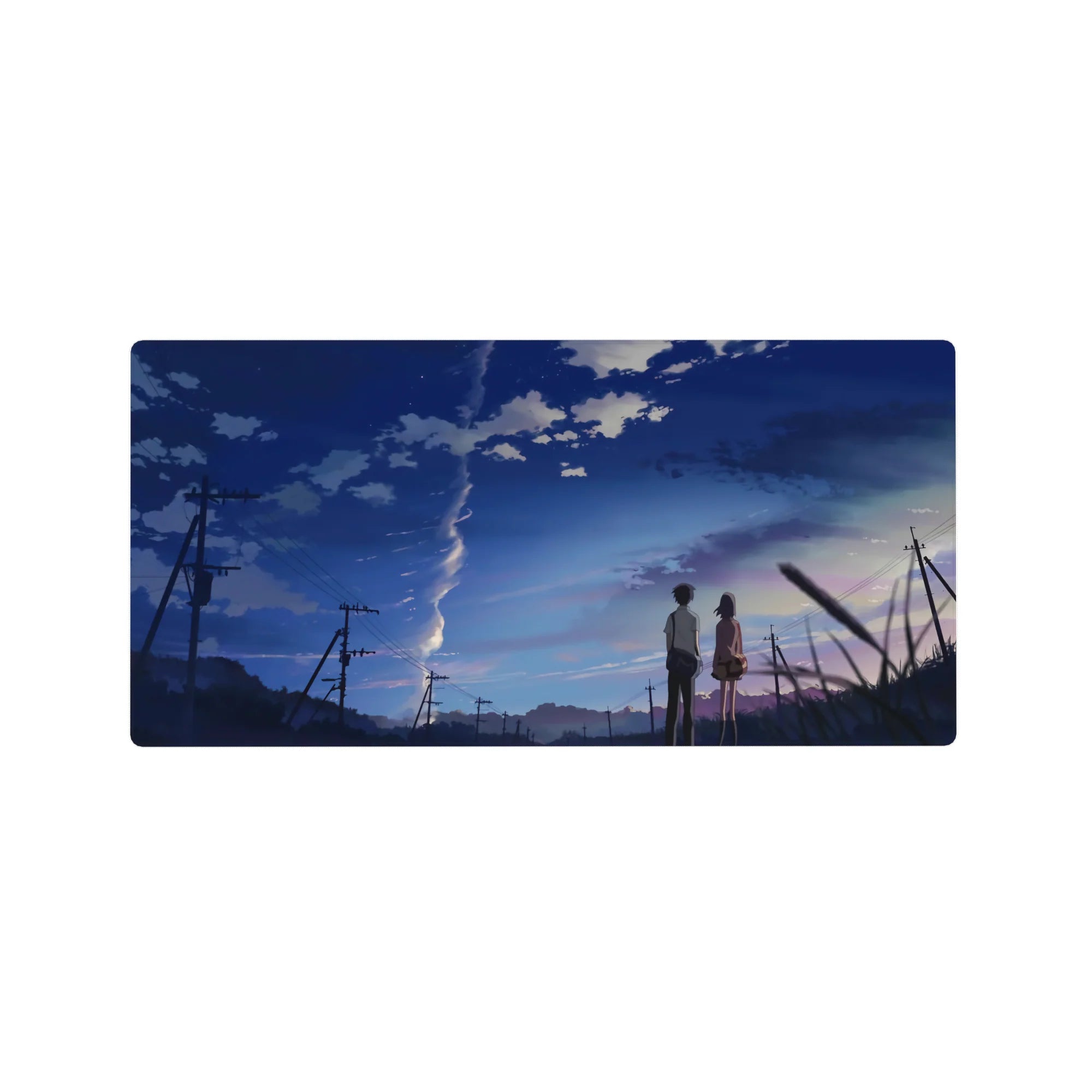 32x16 inches anime mouse pad with students on a summer road under a towering spiral cloud and power lines.