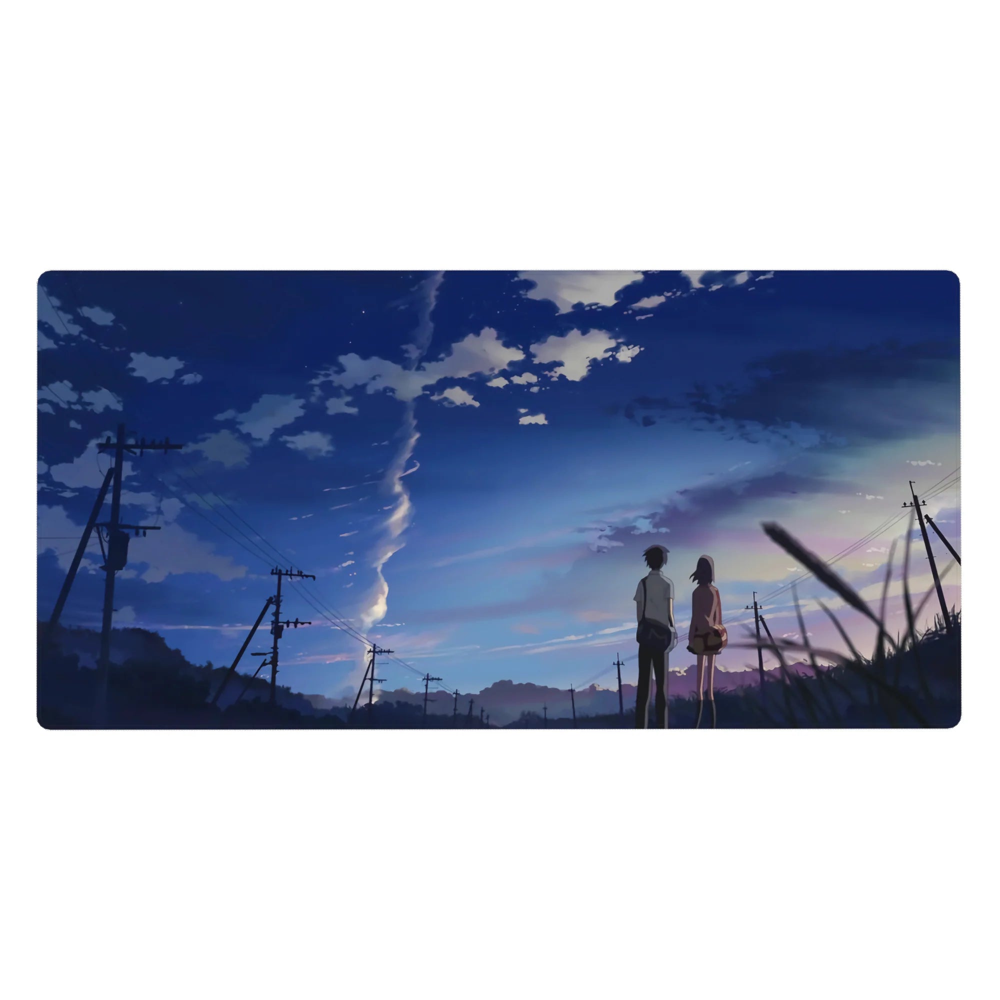 40x20 inches anime desk pad with summer road, two students, power lines, and a huge spiral cloud sky.