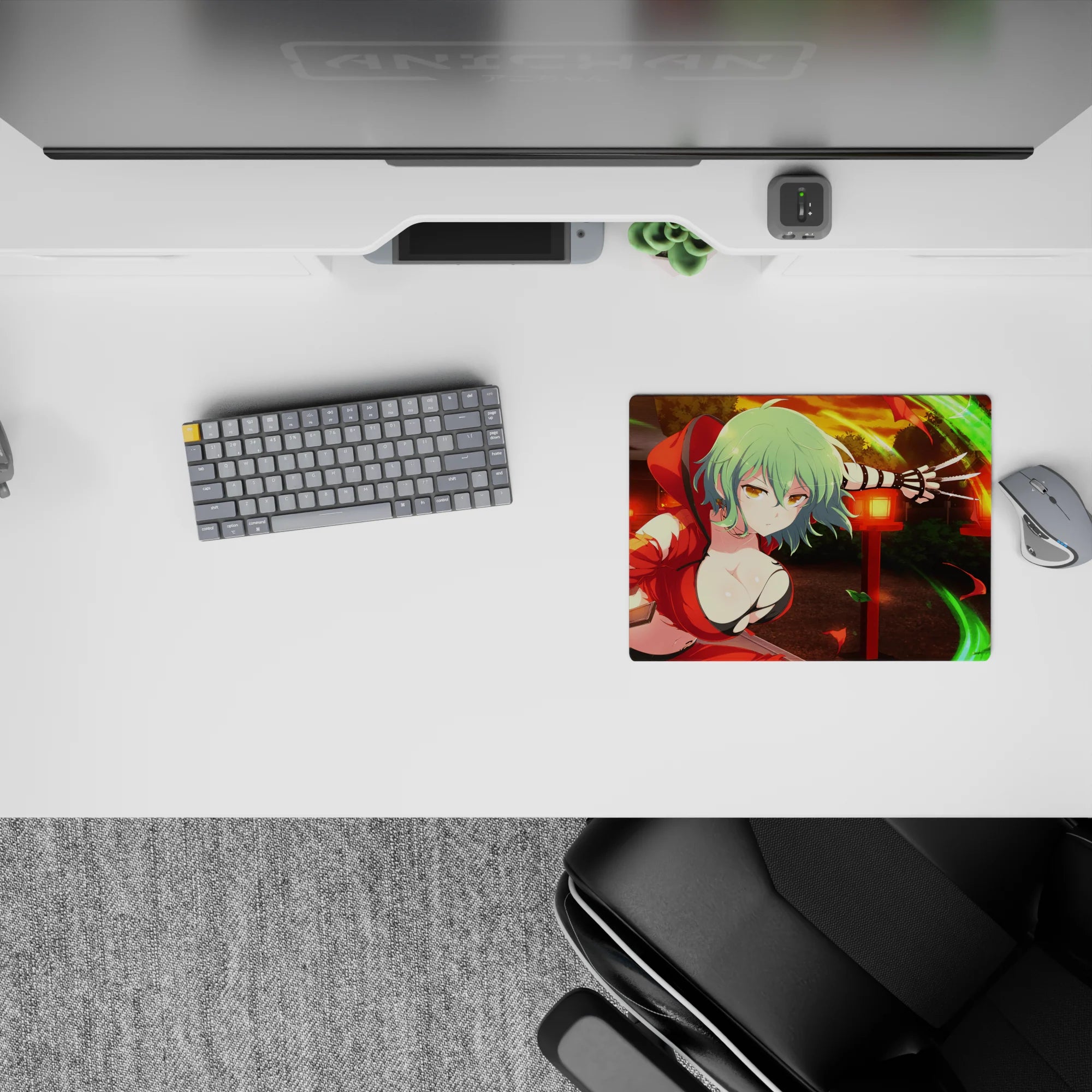 Sunset-toned anime girl mouse pad 14x10 inches in warm oranges, deep shadows, neon green wind arcs.