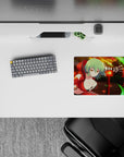 Sunset-toned anime girl mouse pad 14x10 inches in warm oranges, deep shadows, neon green wind arcs.