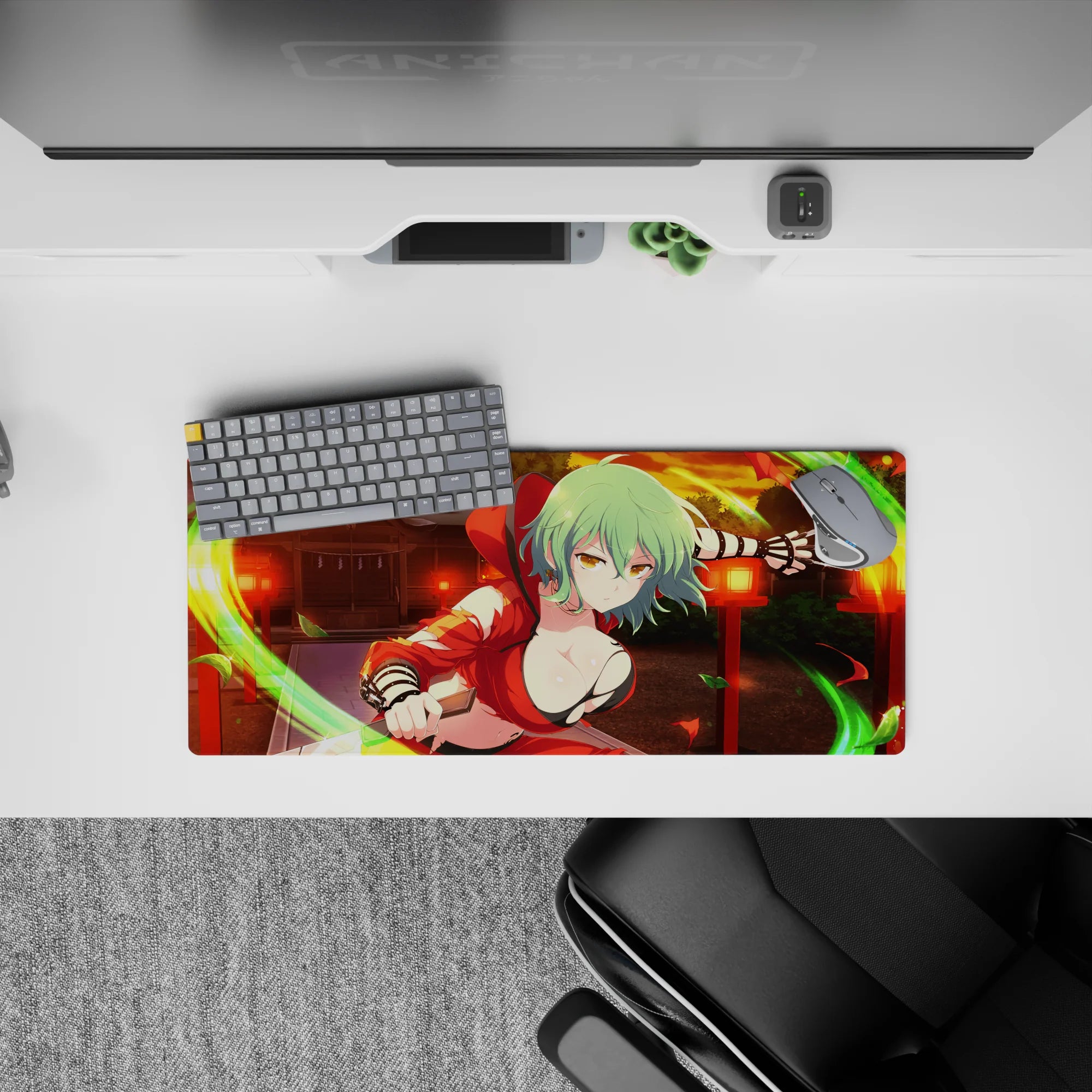 Sunset orange and deep-shadow anime girl mouse pad 28x12 inches with neon green accents and crisp linework.